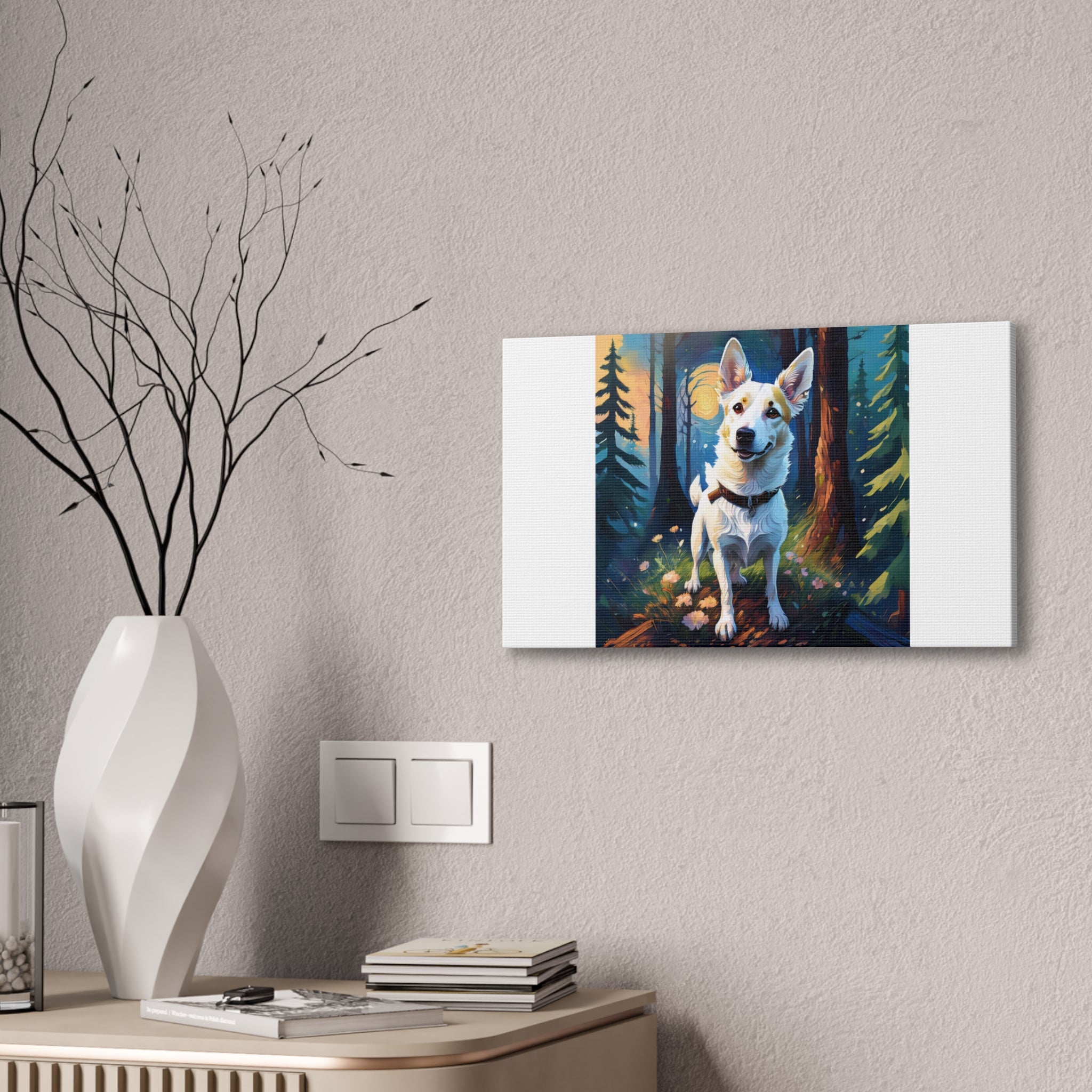 White/Tan Dog Forest Walk Cavas Painting