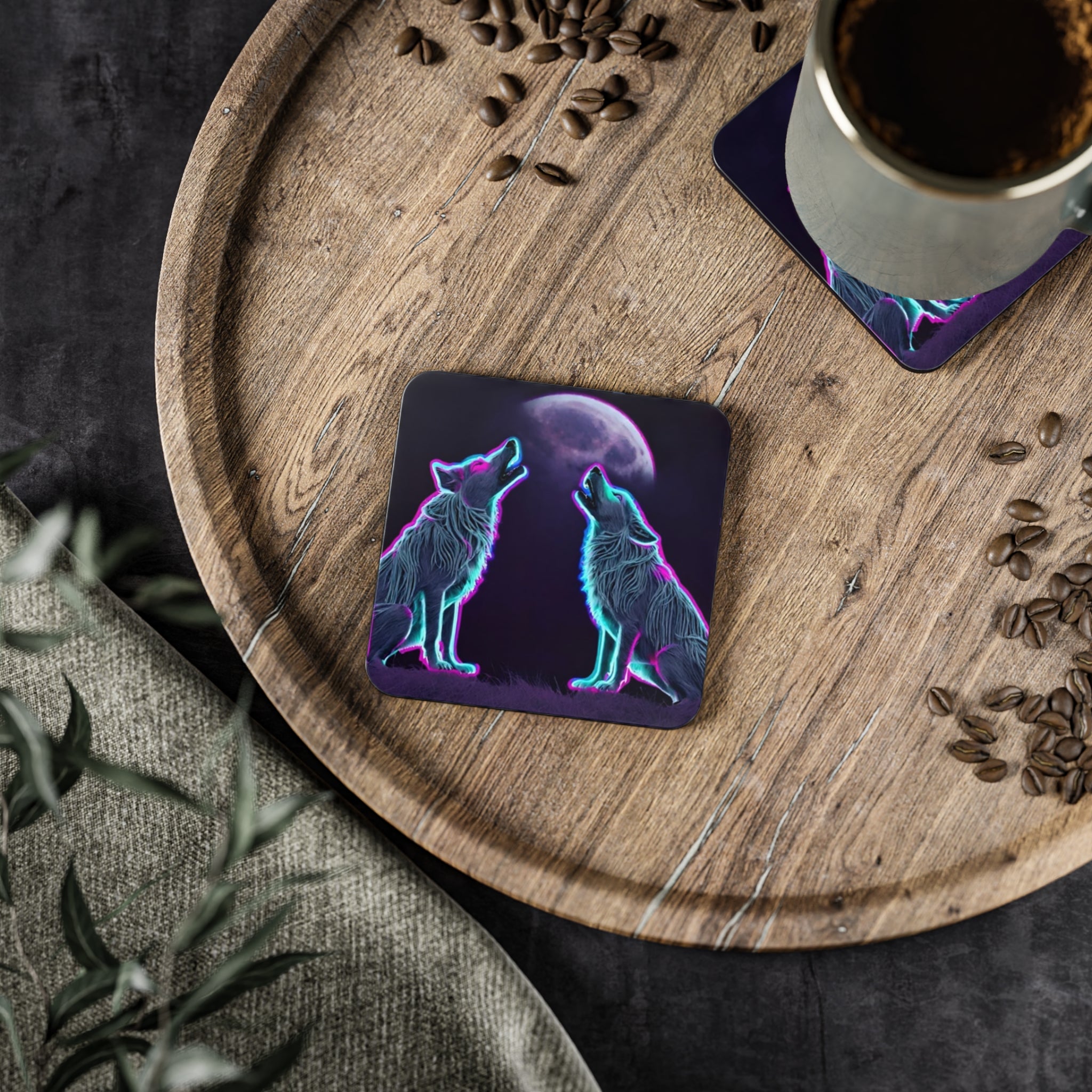 Neon Wolves Howling Coasters