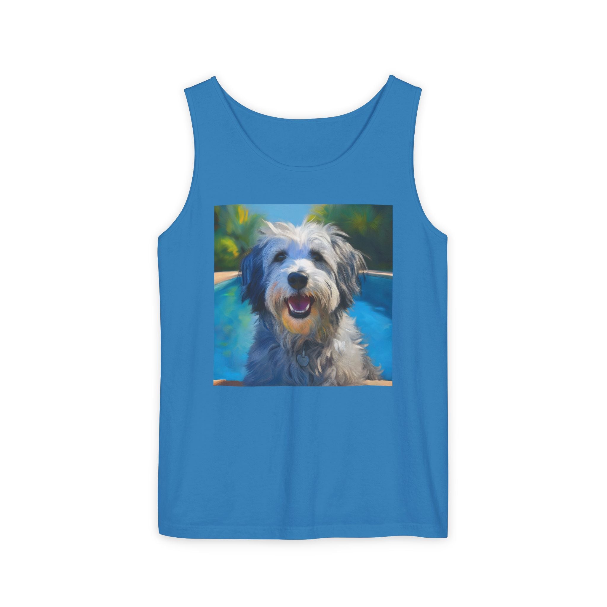 Grey Shaggy Dog Poolside Unisex Tank Top