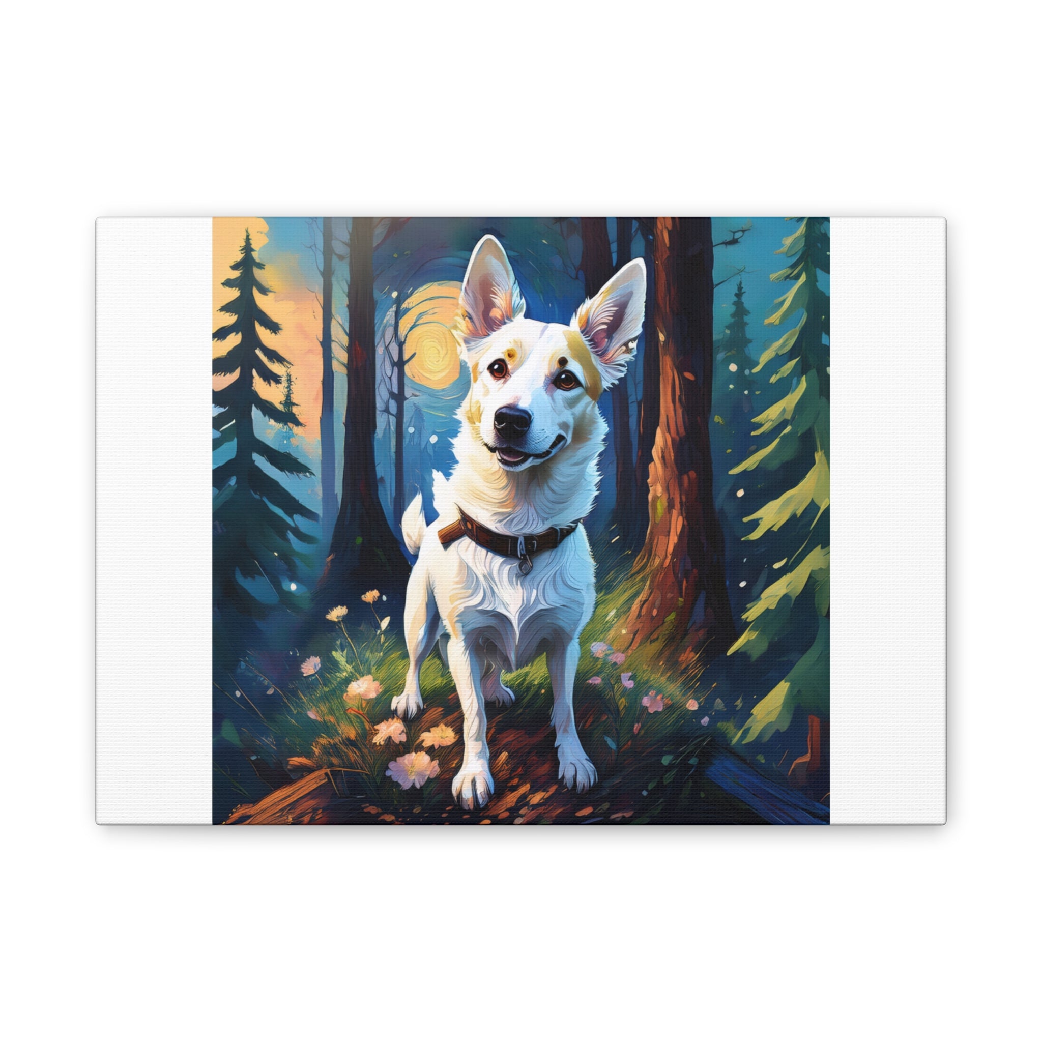 White/Tan Dog Forest Walk Cavas Painting