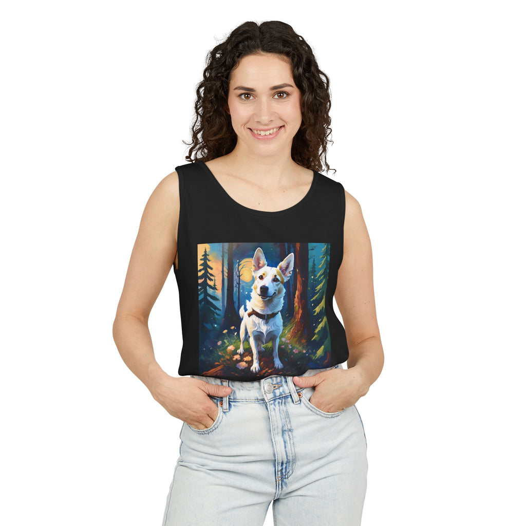 White/Tan Dog Forest Walk Unisex Tank Top