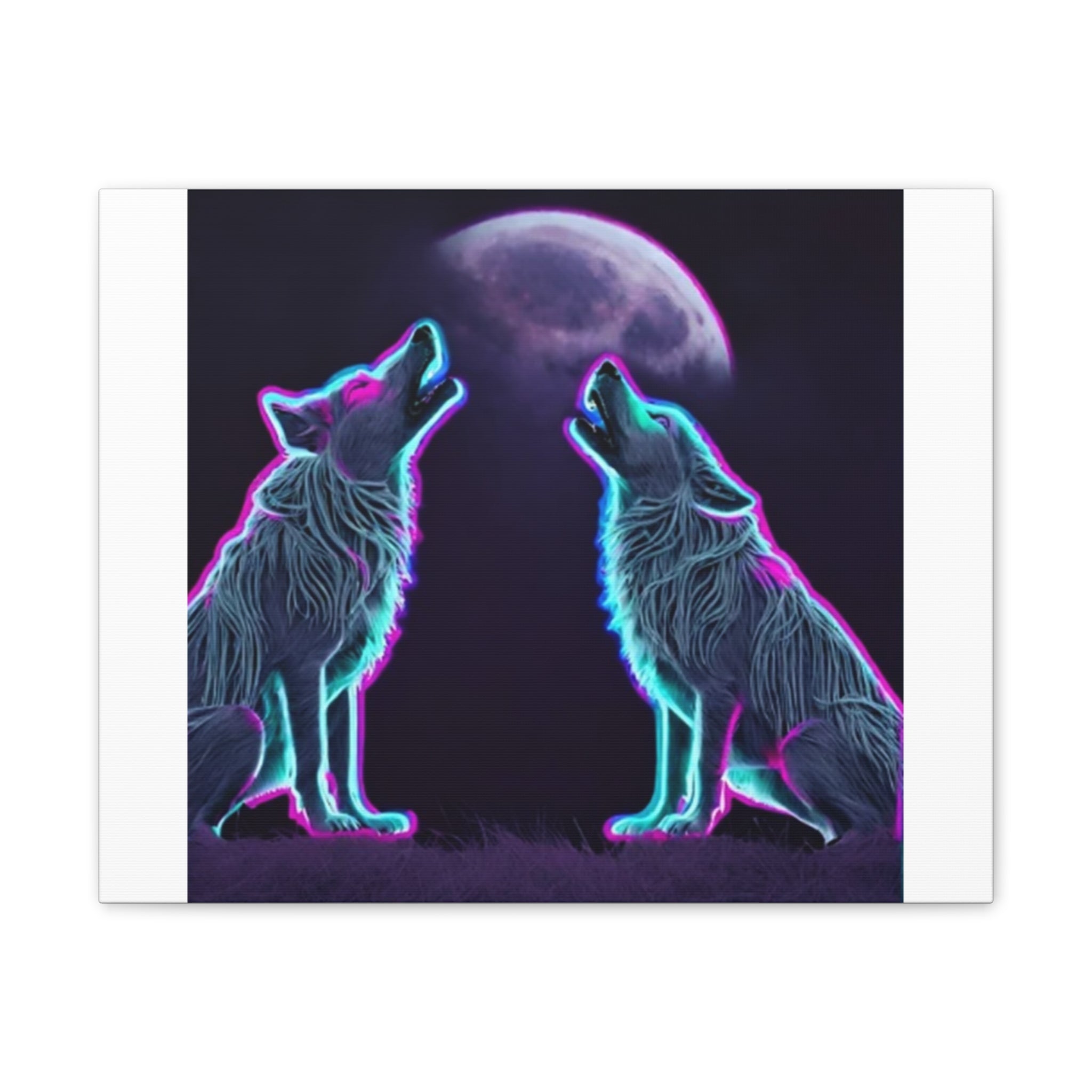 Neon Wolves Howling Canvas Stretched, 0.75"