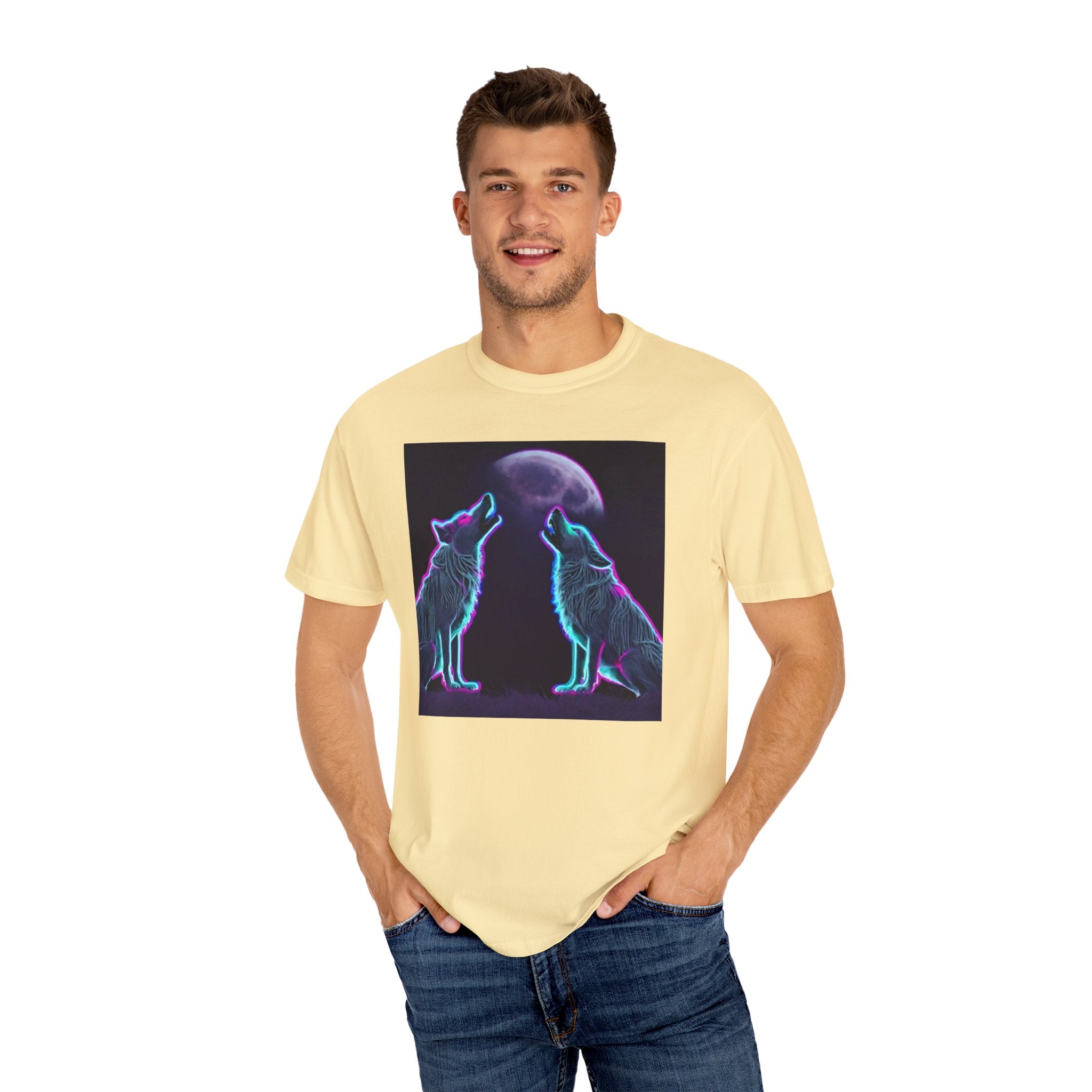 Neon Wolves Howling Unisex Garment-Dyed T-shirt