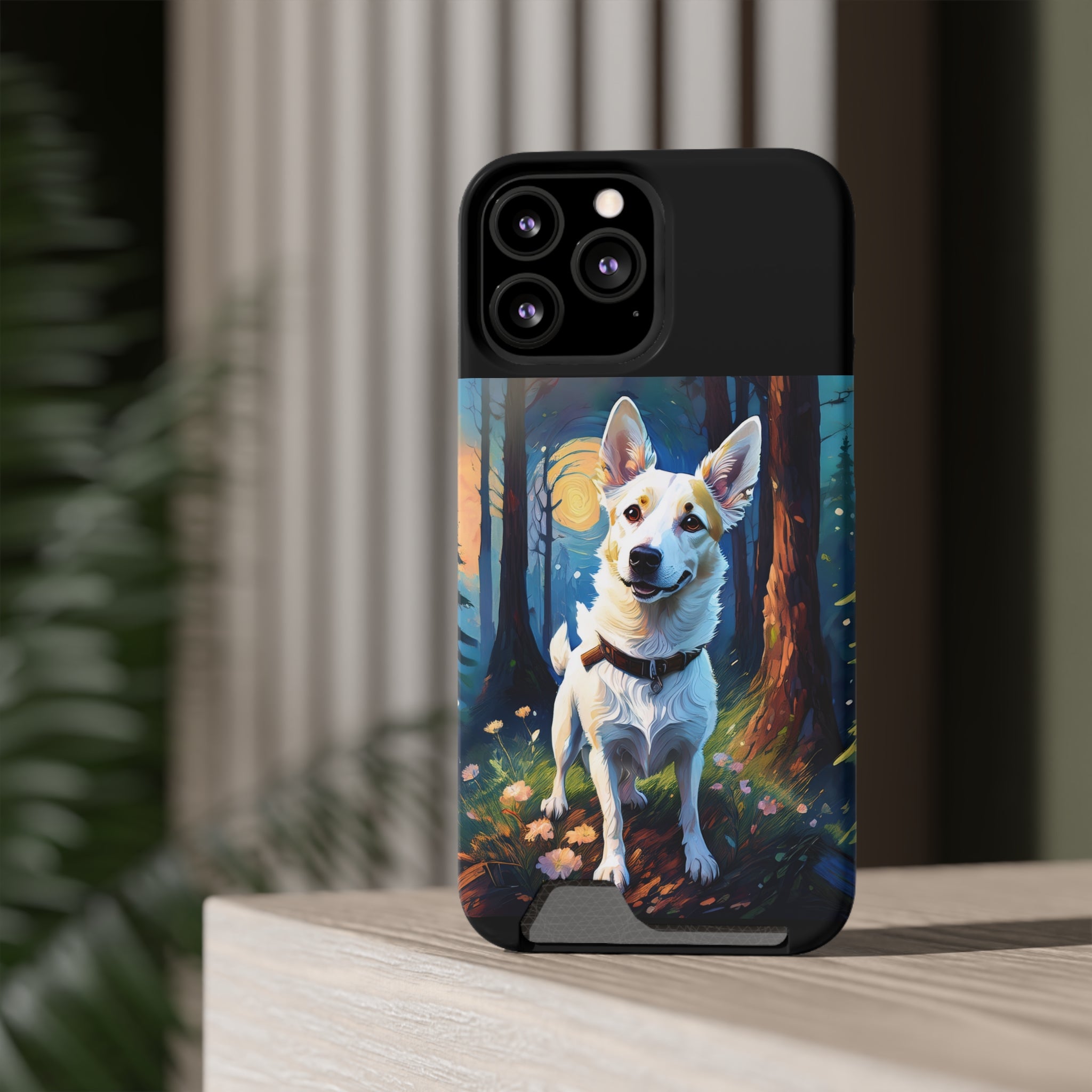 White/Tan Dog Forest Walk Phone Case with Card Holder