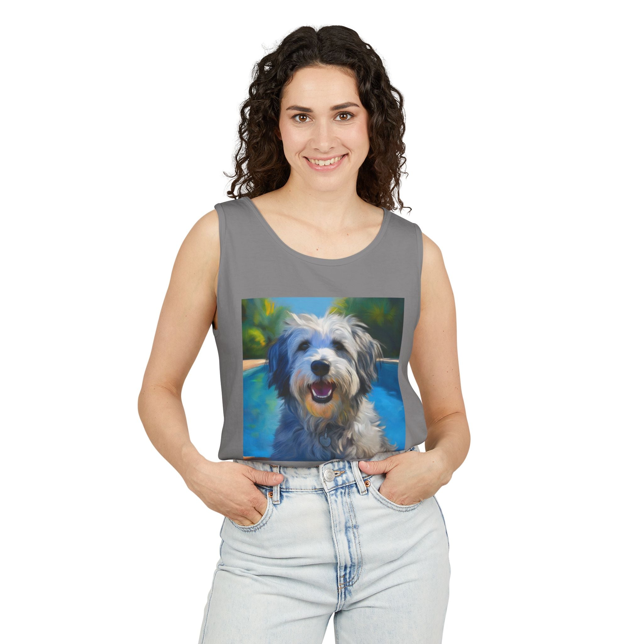 Grey Shaggy Dog Poolside Unisex Tank Top