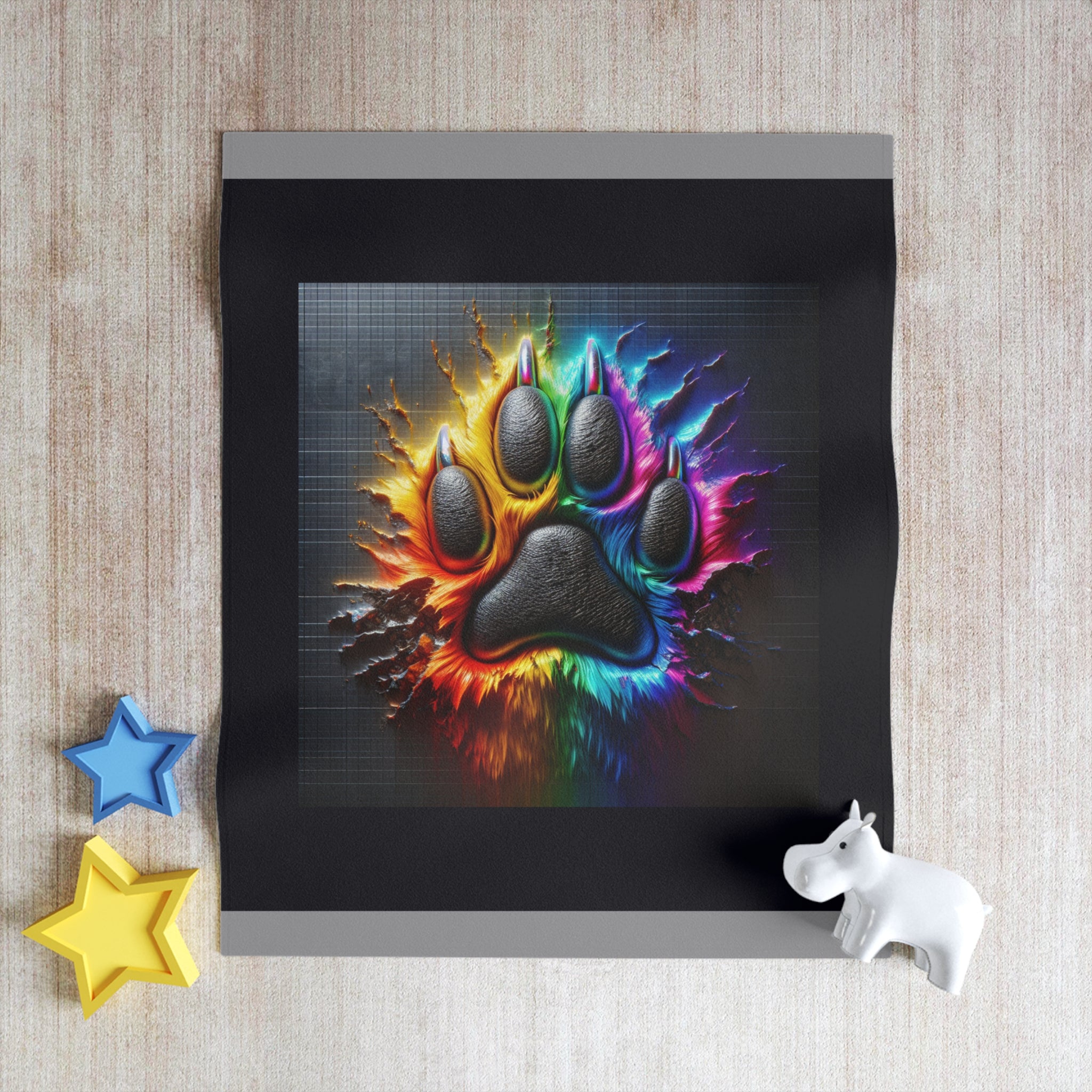 Electric Rainbow Dog Paw Throw Blanket