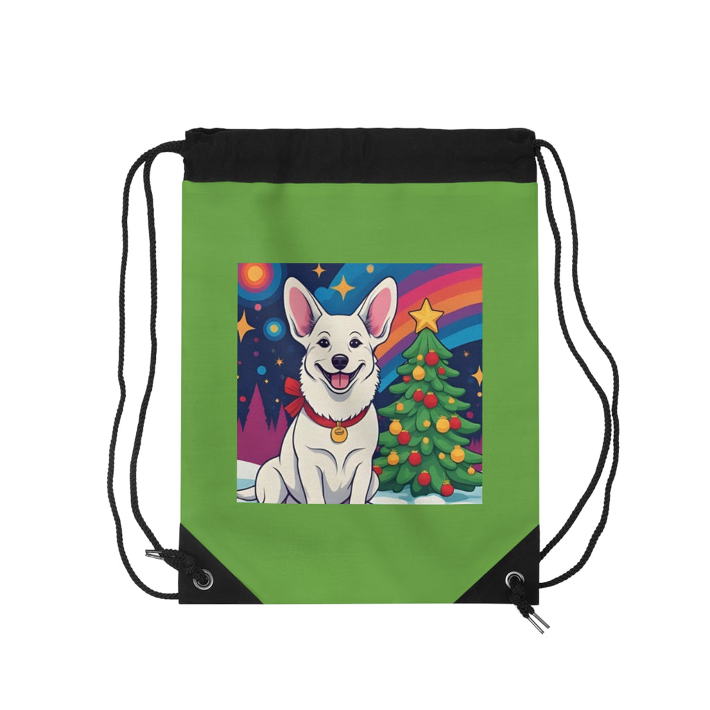 White Corgi Holiday Drawstring Bag