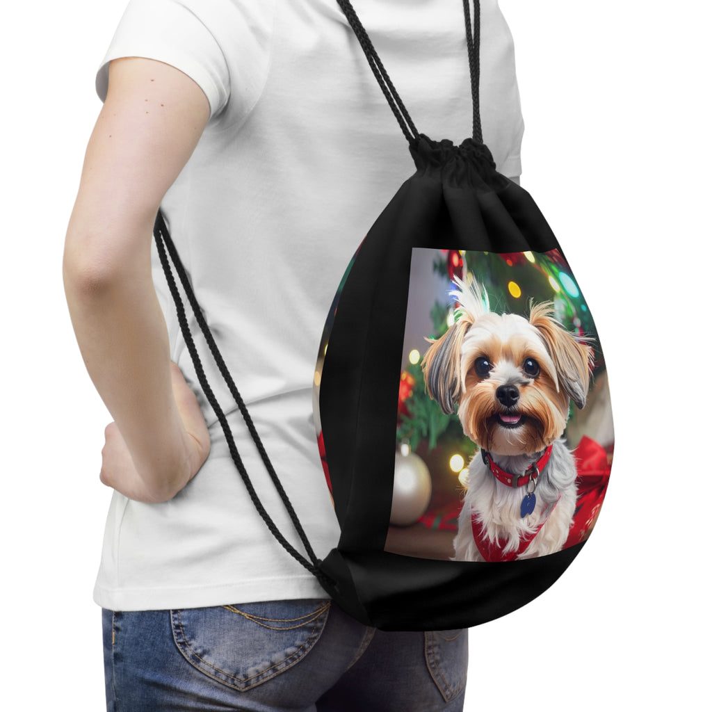 Yorkie Holiday Drawstring Bag