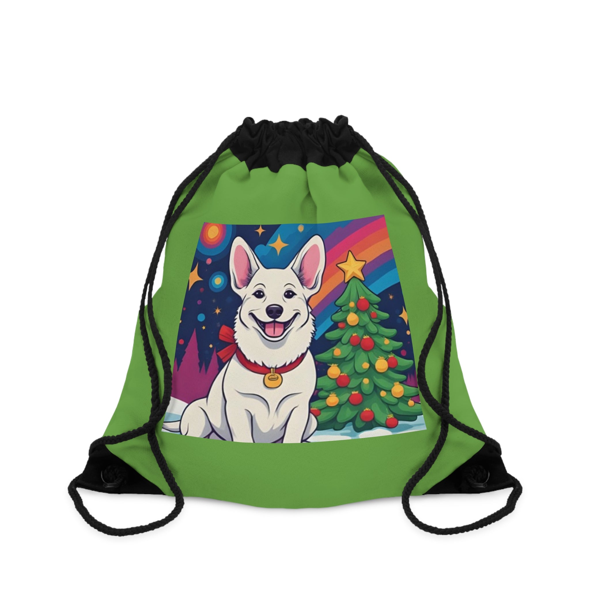 White Corgi Holiday Drawstring Bag