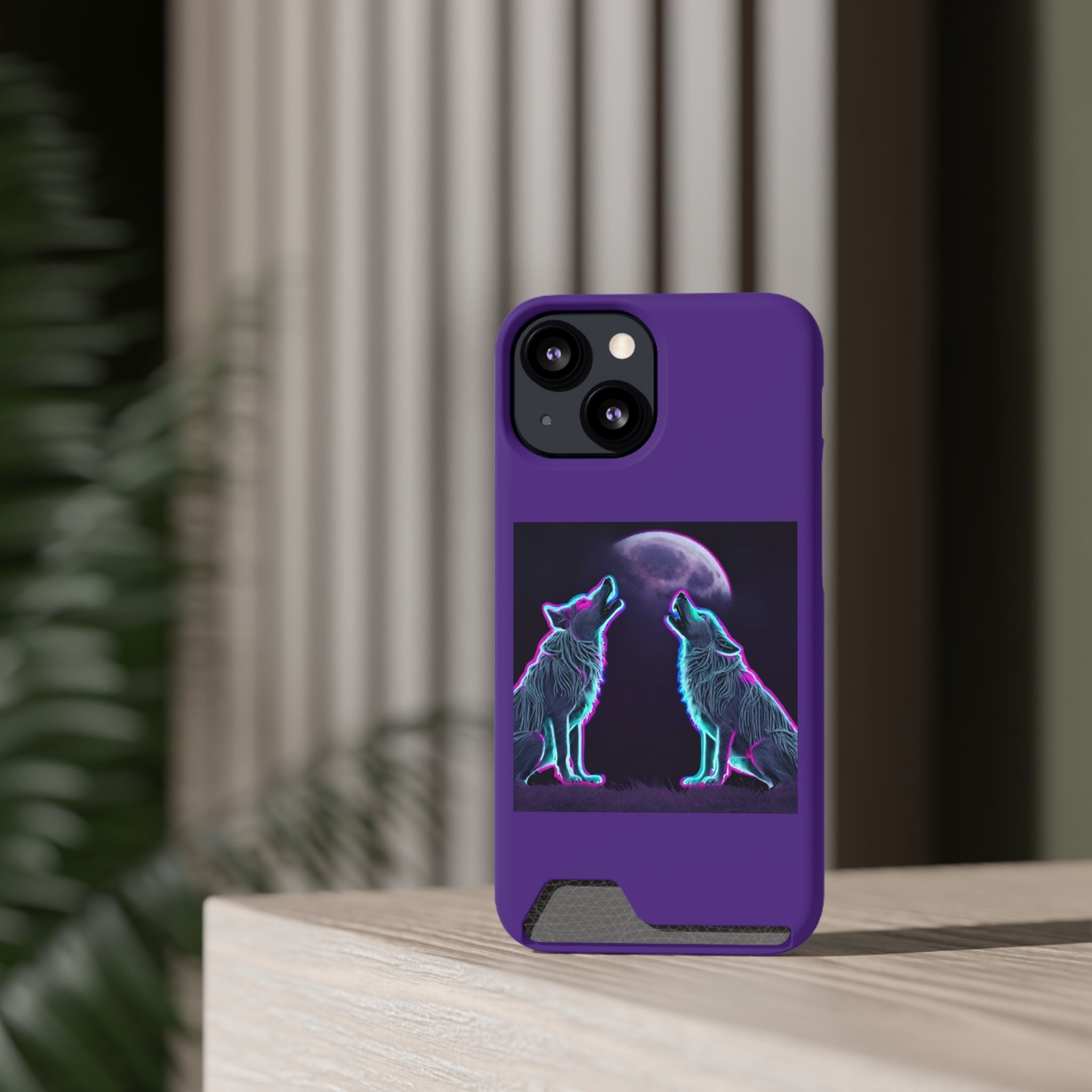 Neon Wolves Howling Phone Case with Card Holder