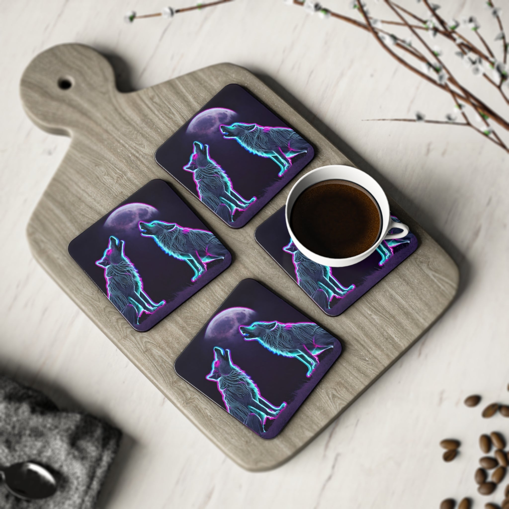 Neon Wolves Howling Coasters