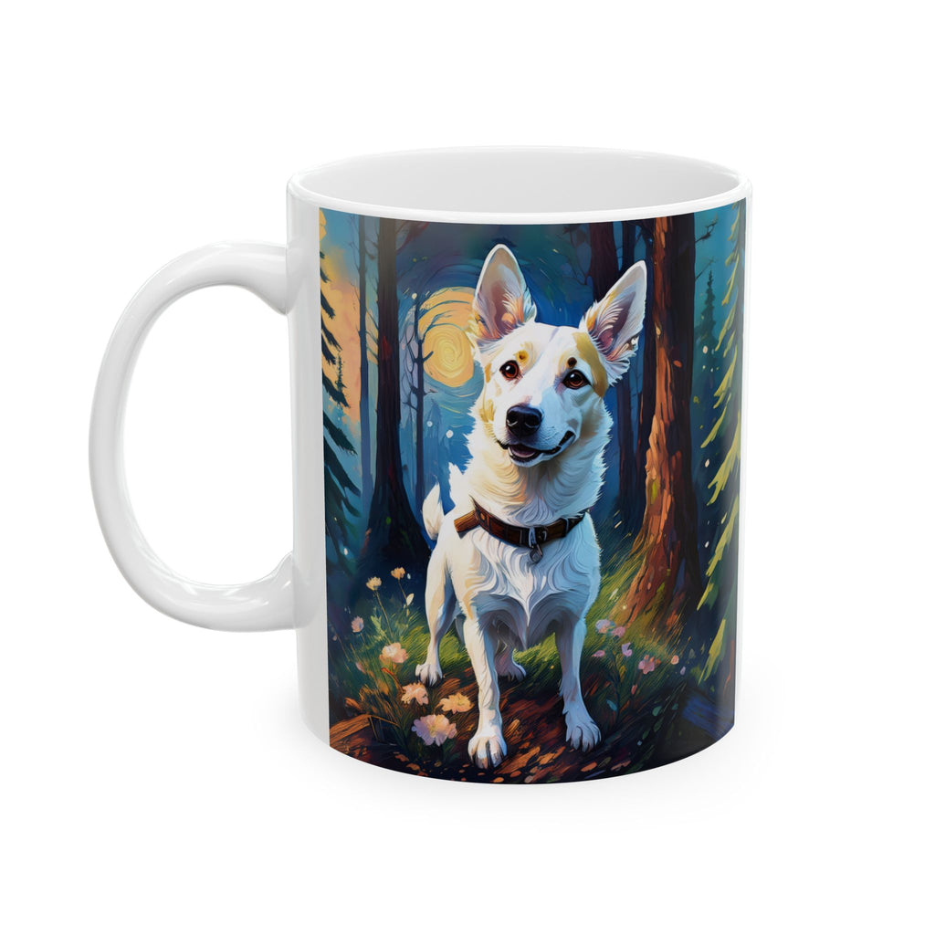 White/Tan Dog Forest Walk Ceramic Mug, (11oz, 15oz)