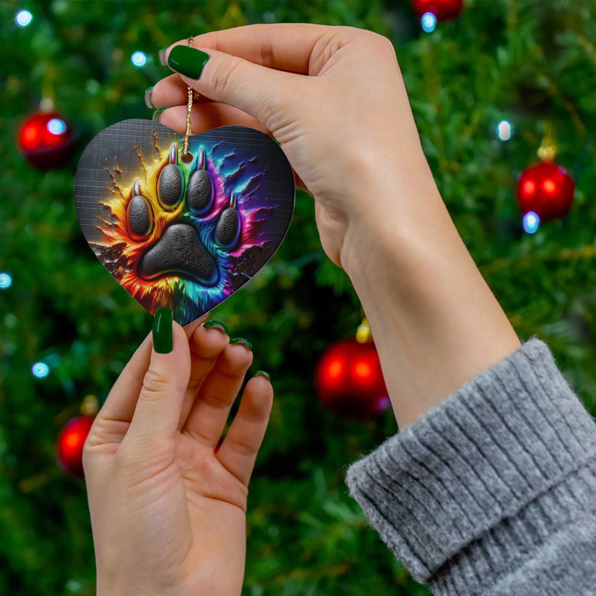 Electric Rainbow Dog Paw Ceramic Ornament