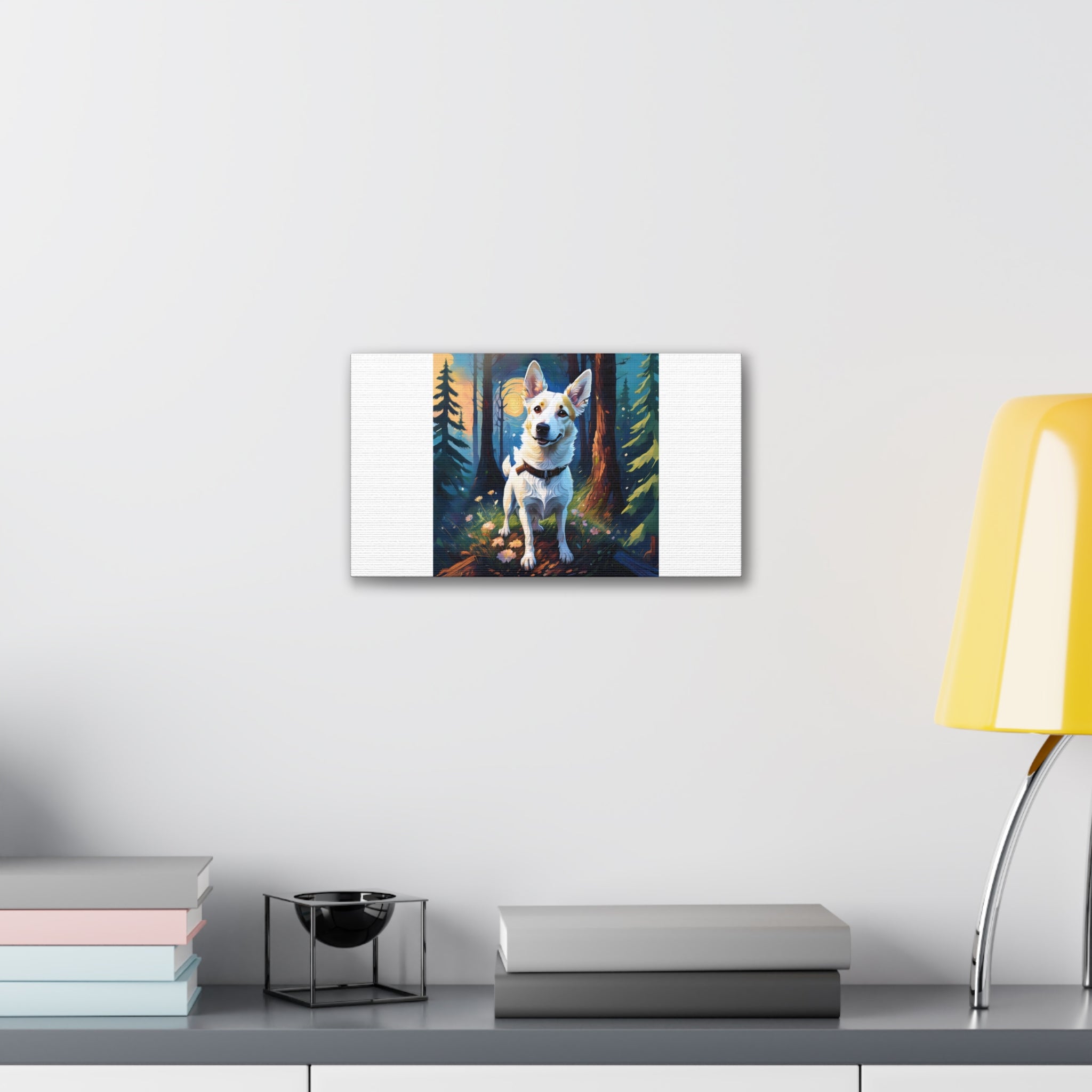 White/Tan Dog Forest Walk Cavas Painting