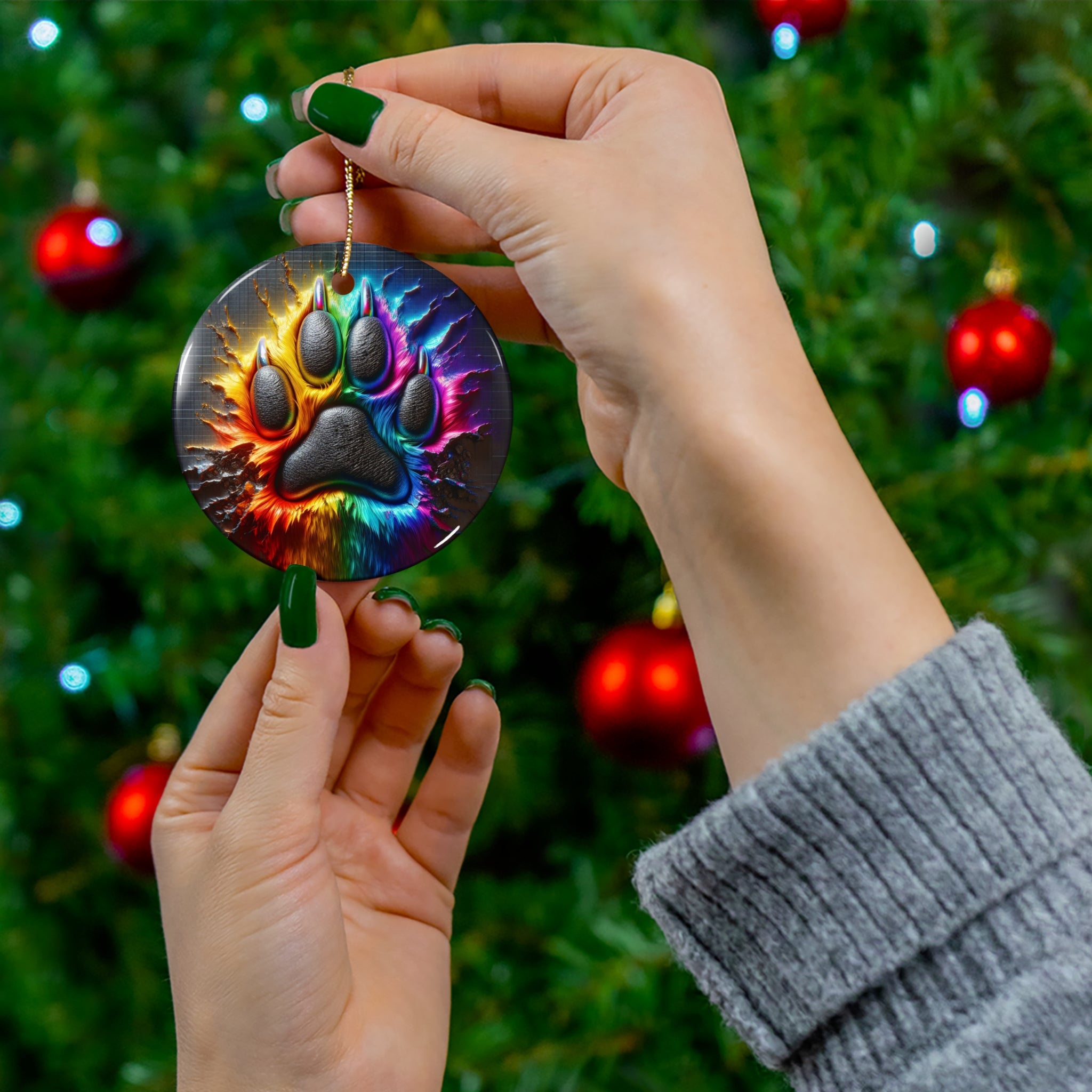 Electric Rainbow Dog Paw Ceramic Ornament
