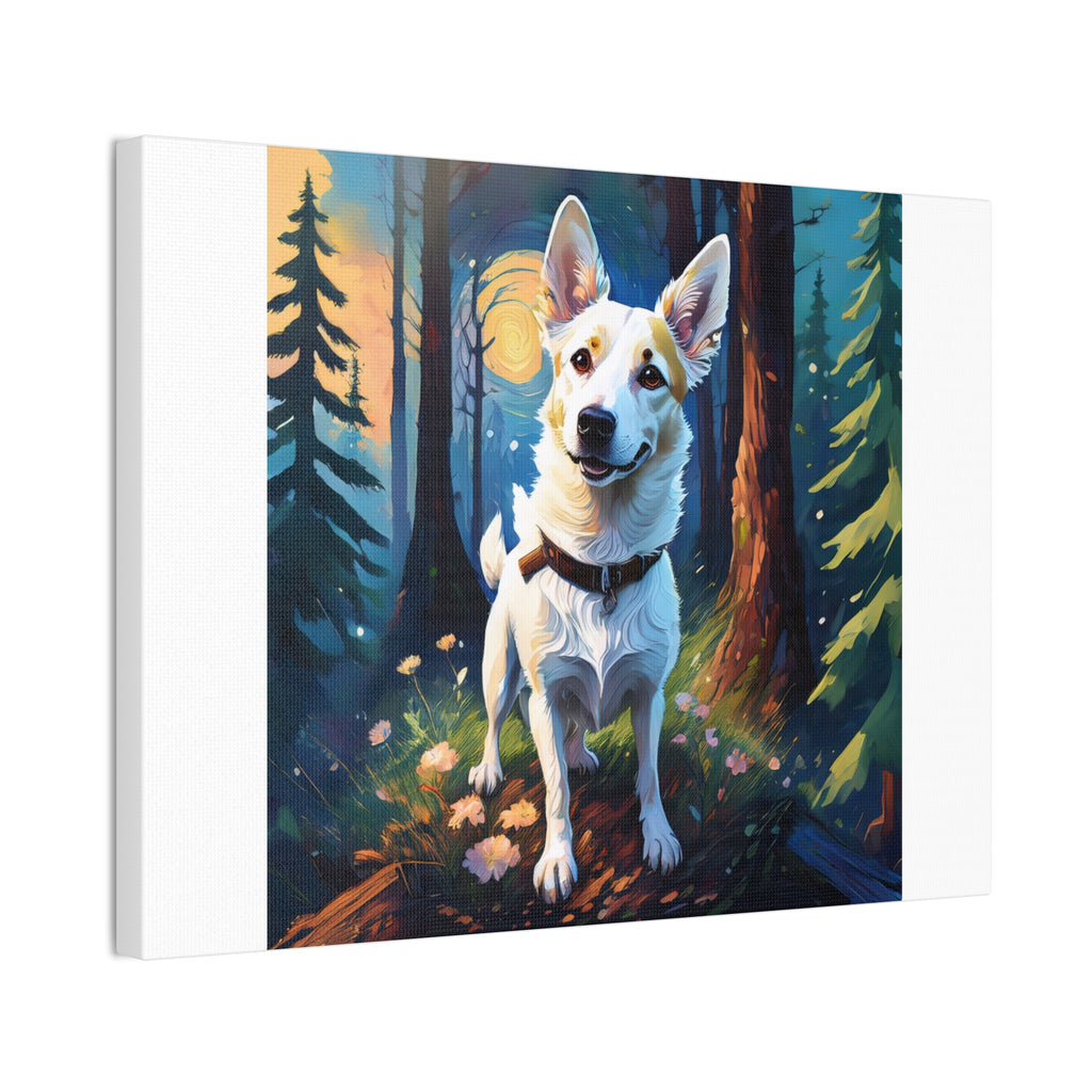 White/Tan Dog Forest Walk Cavas Painting