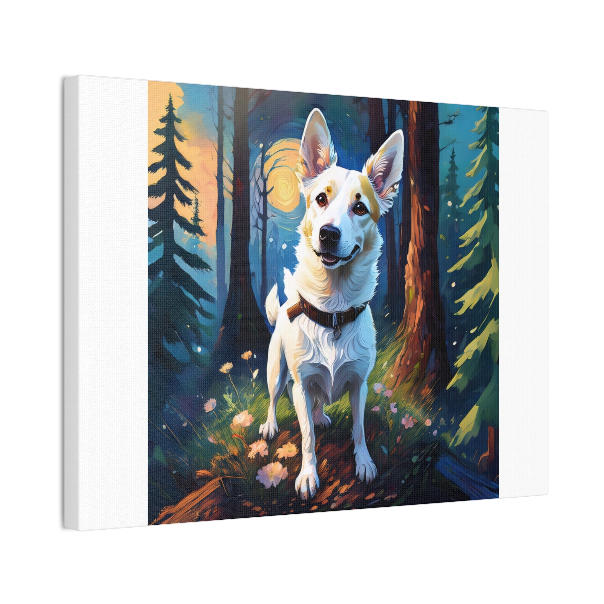 White/Tan Dog Forest Walk Cavas Painting