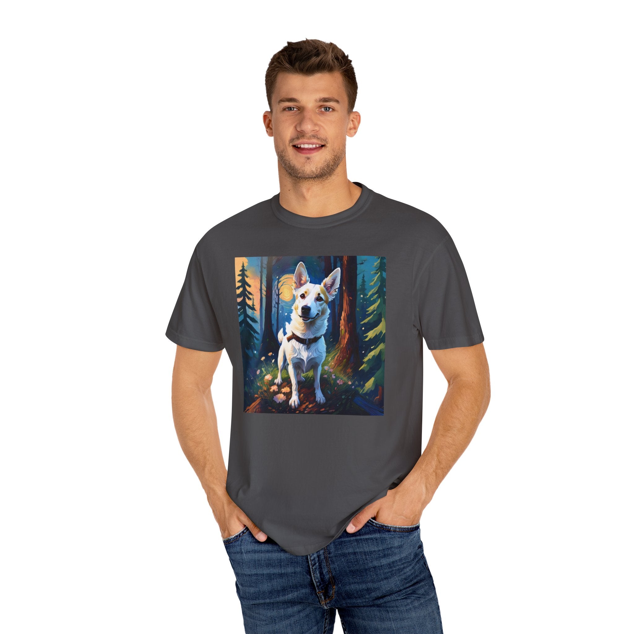 White/Tan Dog Forest Walk Unisex Garment-Dyed T-shirt