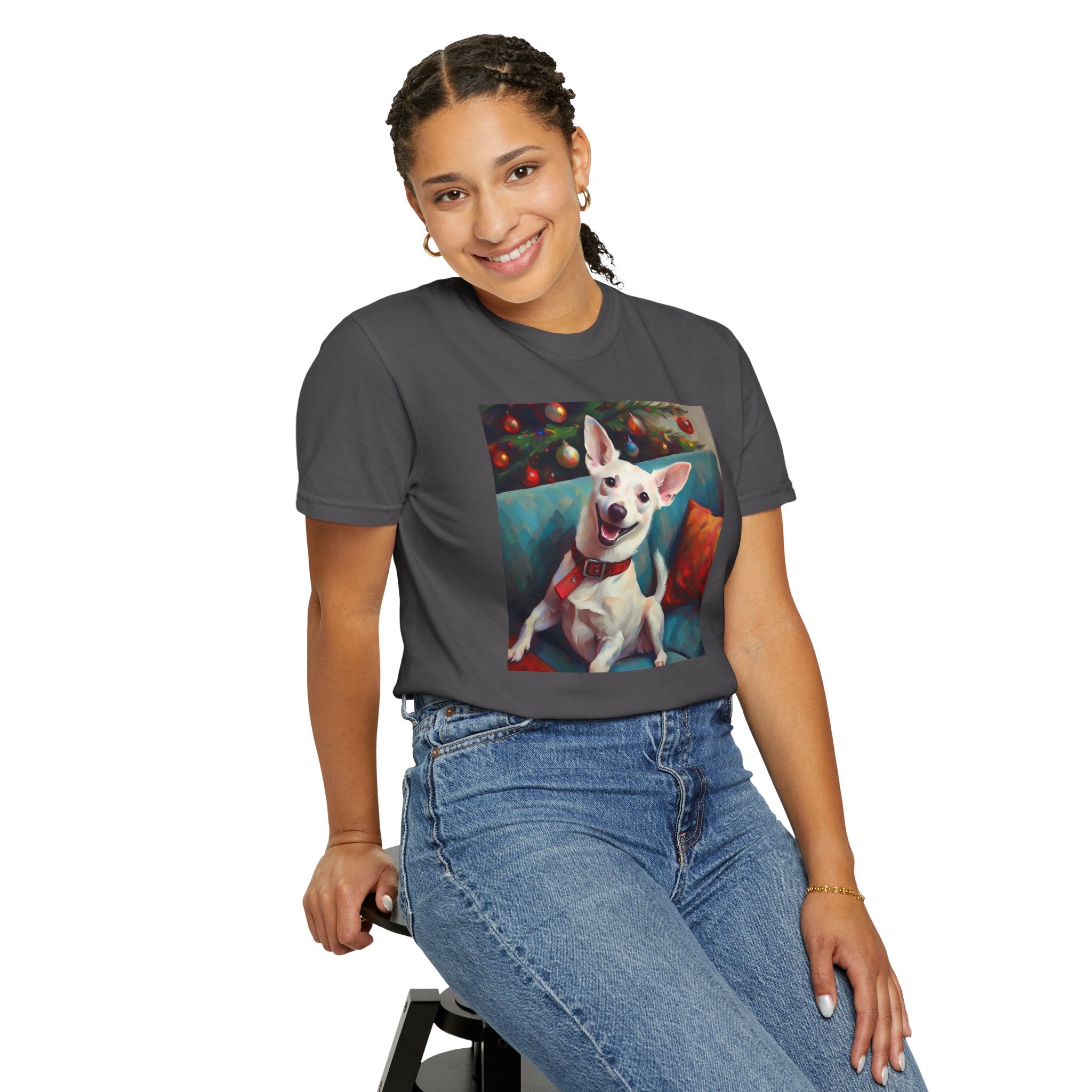 White Corgi Holiday II Unisex Garment-Dyed T-shirt
