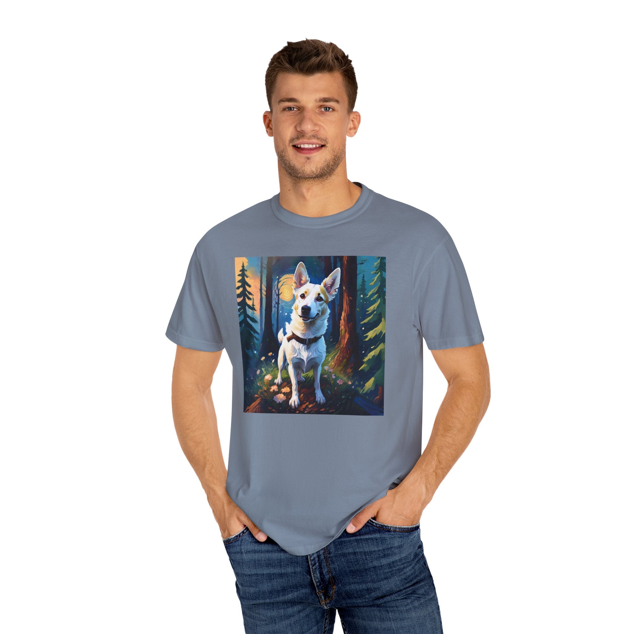 White/Tan Dog Forest Walk Unisex Garment-Dyed T-shirt
