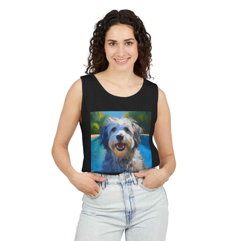 Grey Shaggy Dog Poolside Unisex Tank Top