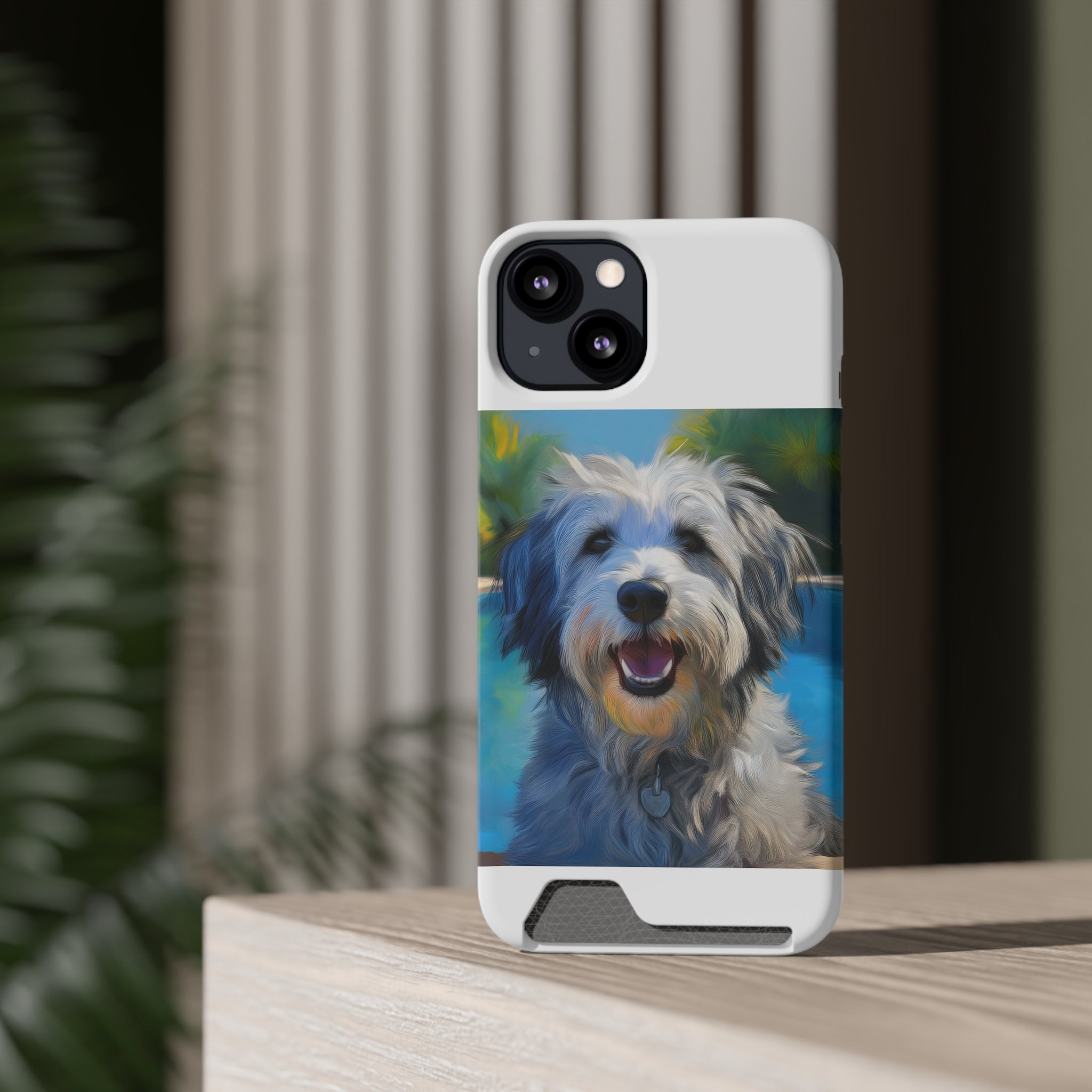 Grey Shaggy Dog Poolside Phone Case with Card Holder