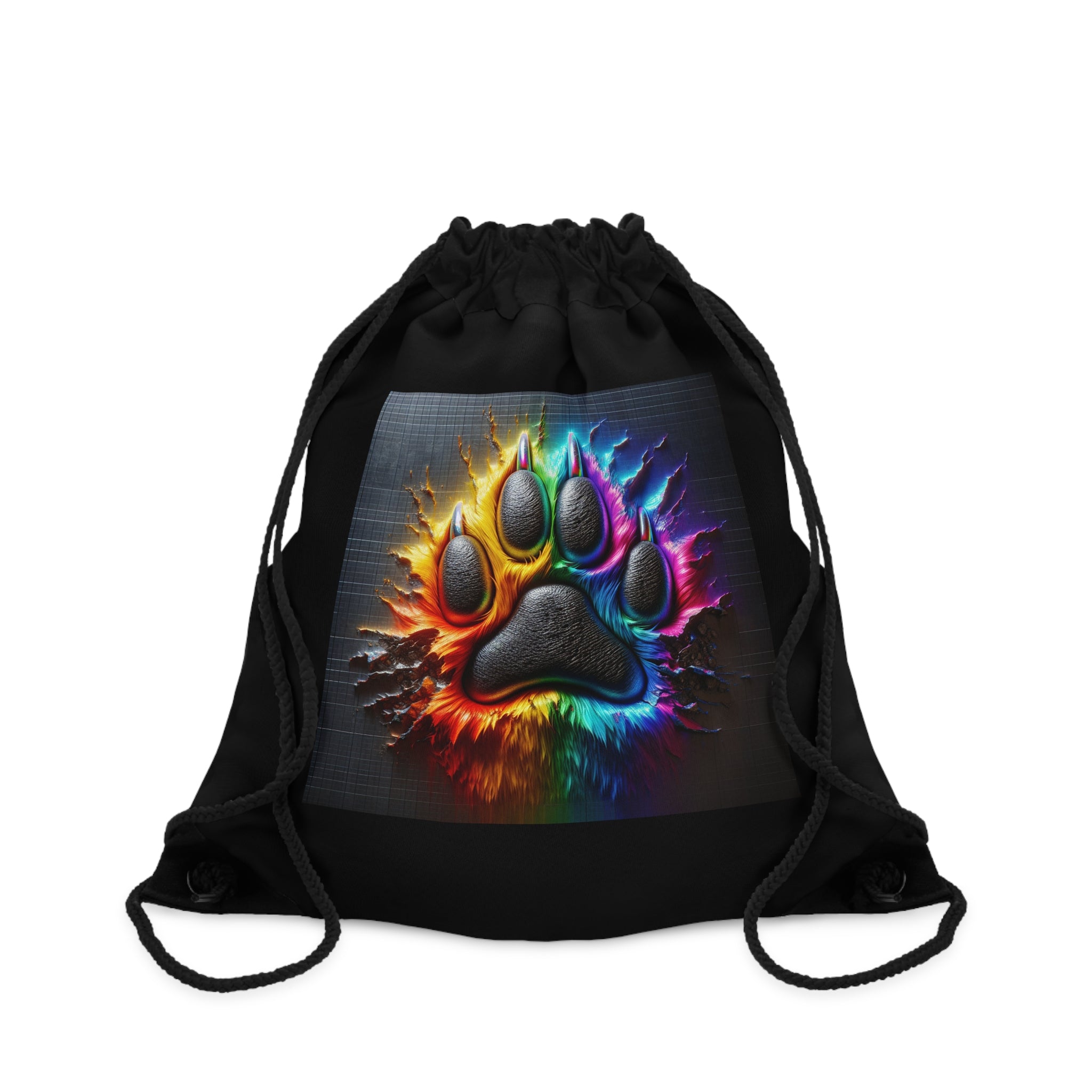 Electric Rainbow Dog Paw Drawstring Bag