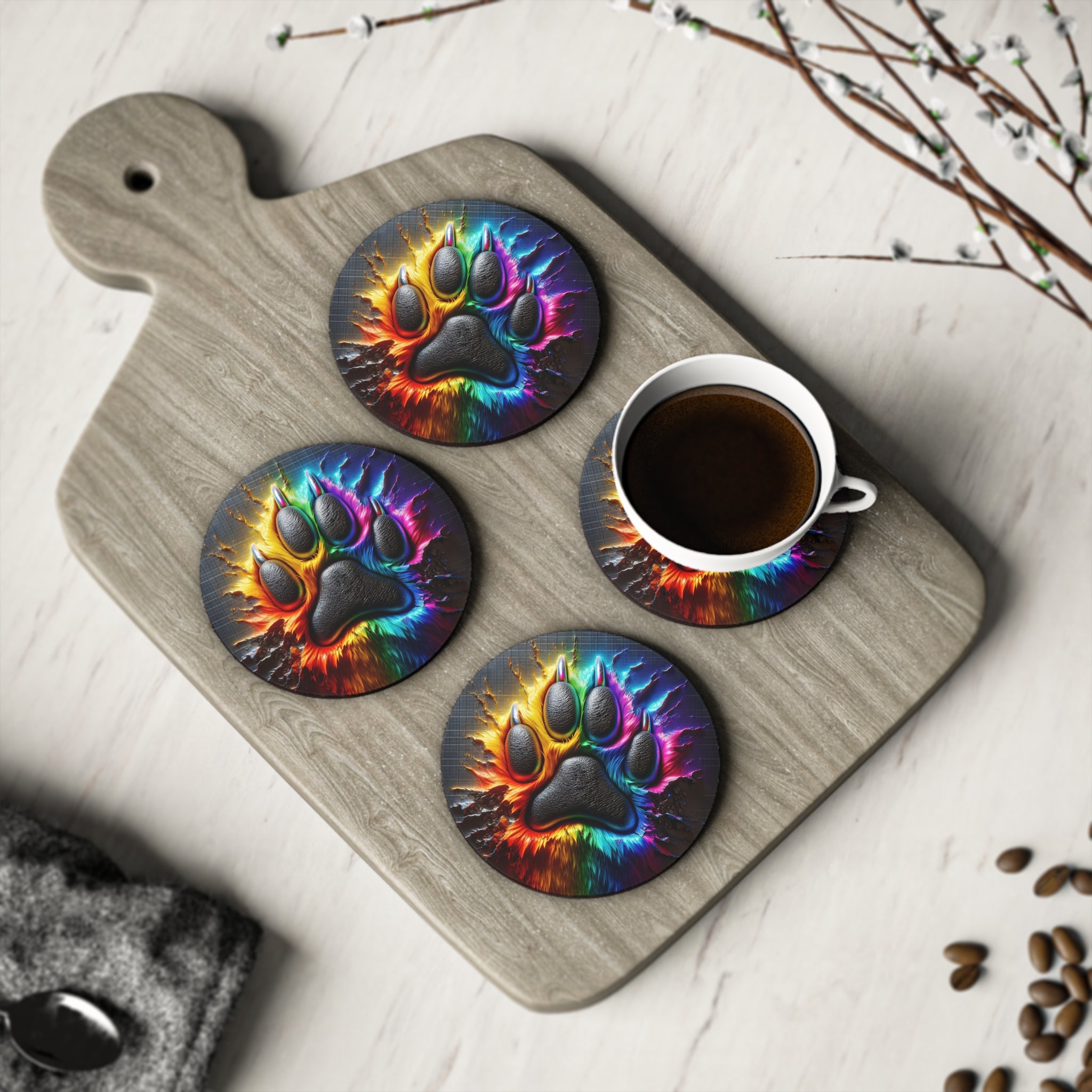 Electric Rainbow Dog Paw Coasters