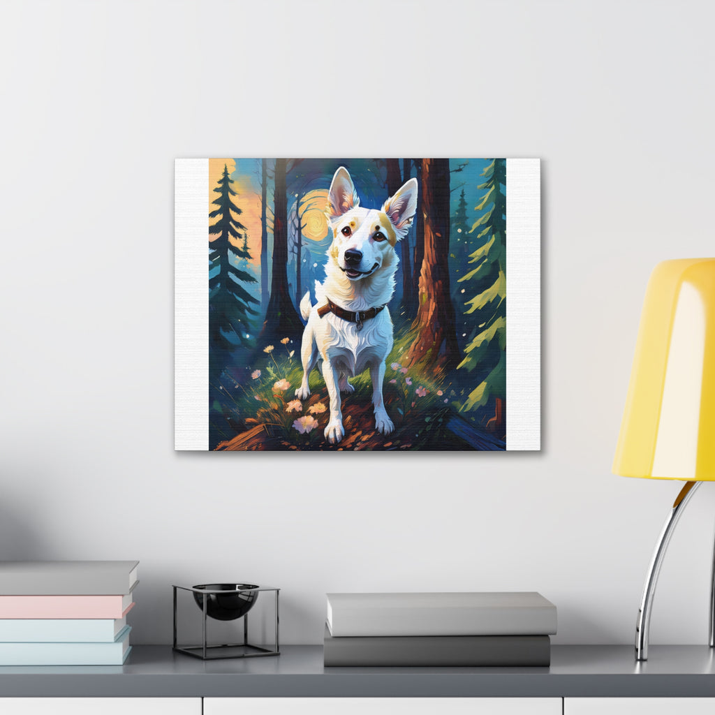 White/Tan Dog Forest Walk Cavas Painting