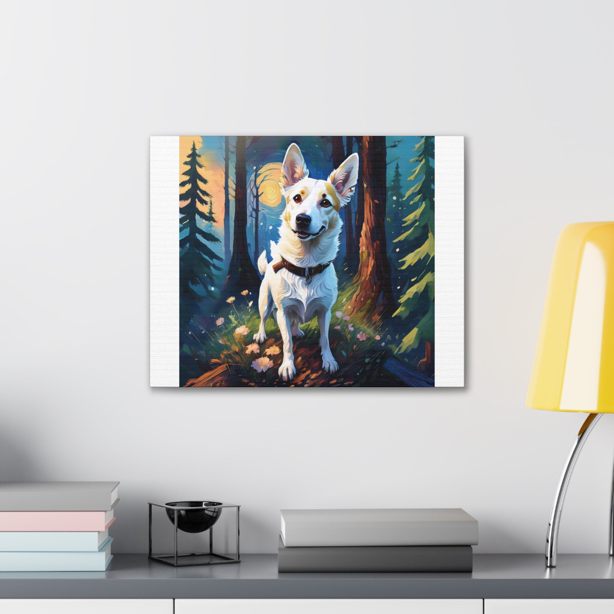 White/Tan Dog Forest Walk Cavas Painting