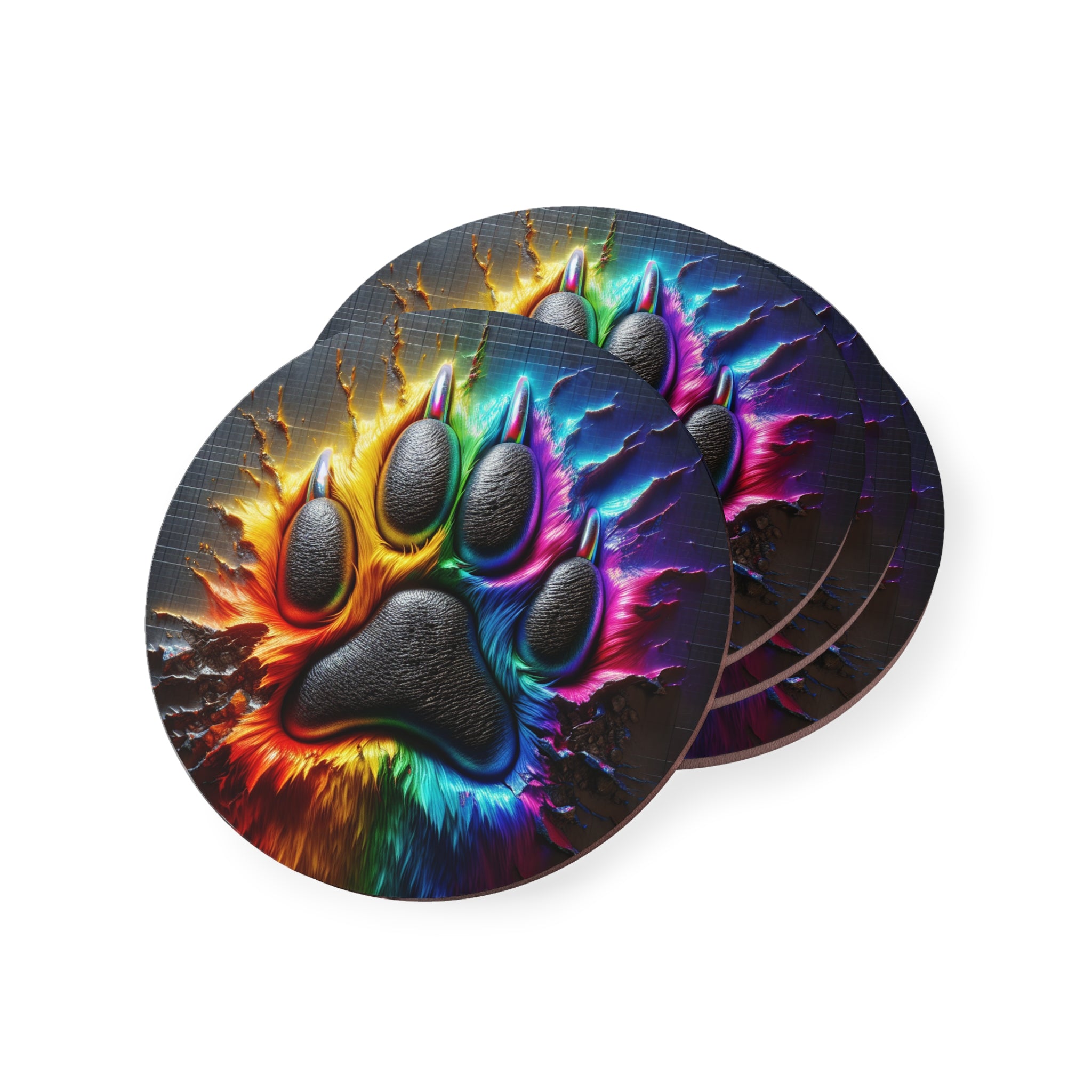 Electric Rainbow Dog Paw Coasters