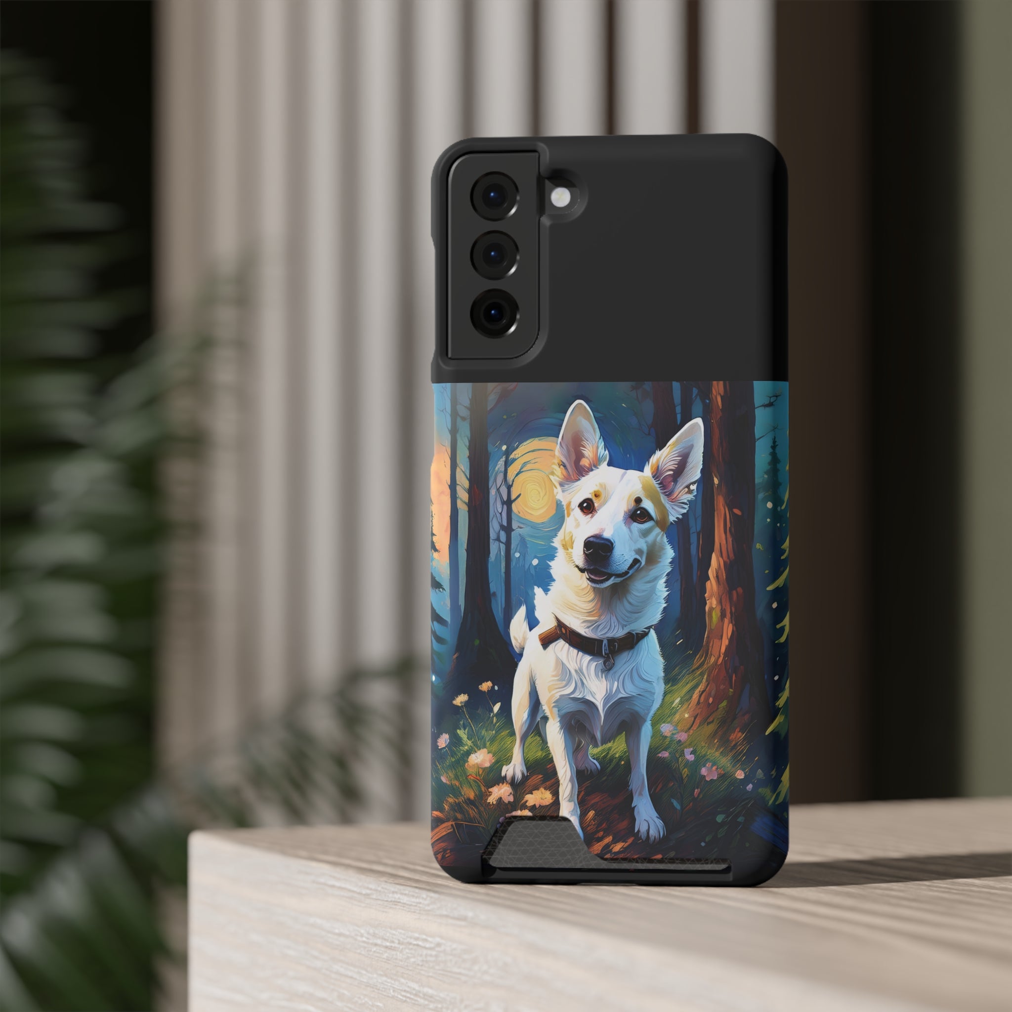 White/Tan Dog Forest Walk Phone Case with Card Holder