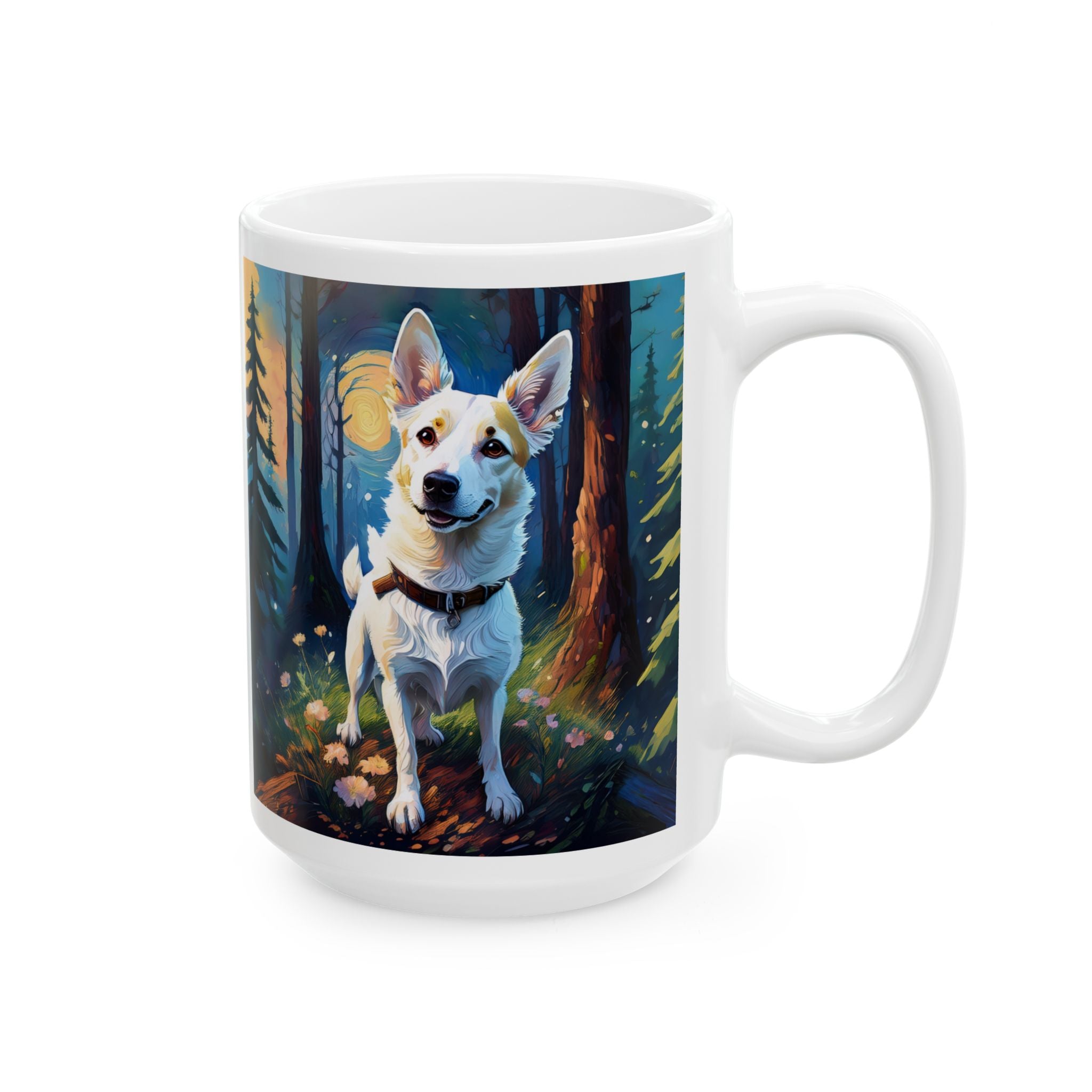White/Tan Dog Forest Walk Ceramic Mug, (11oz, 15oz)