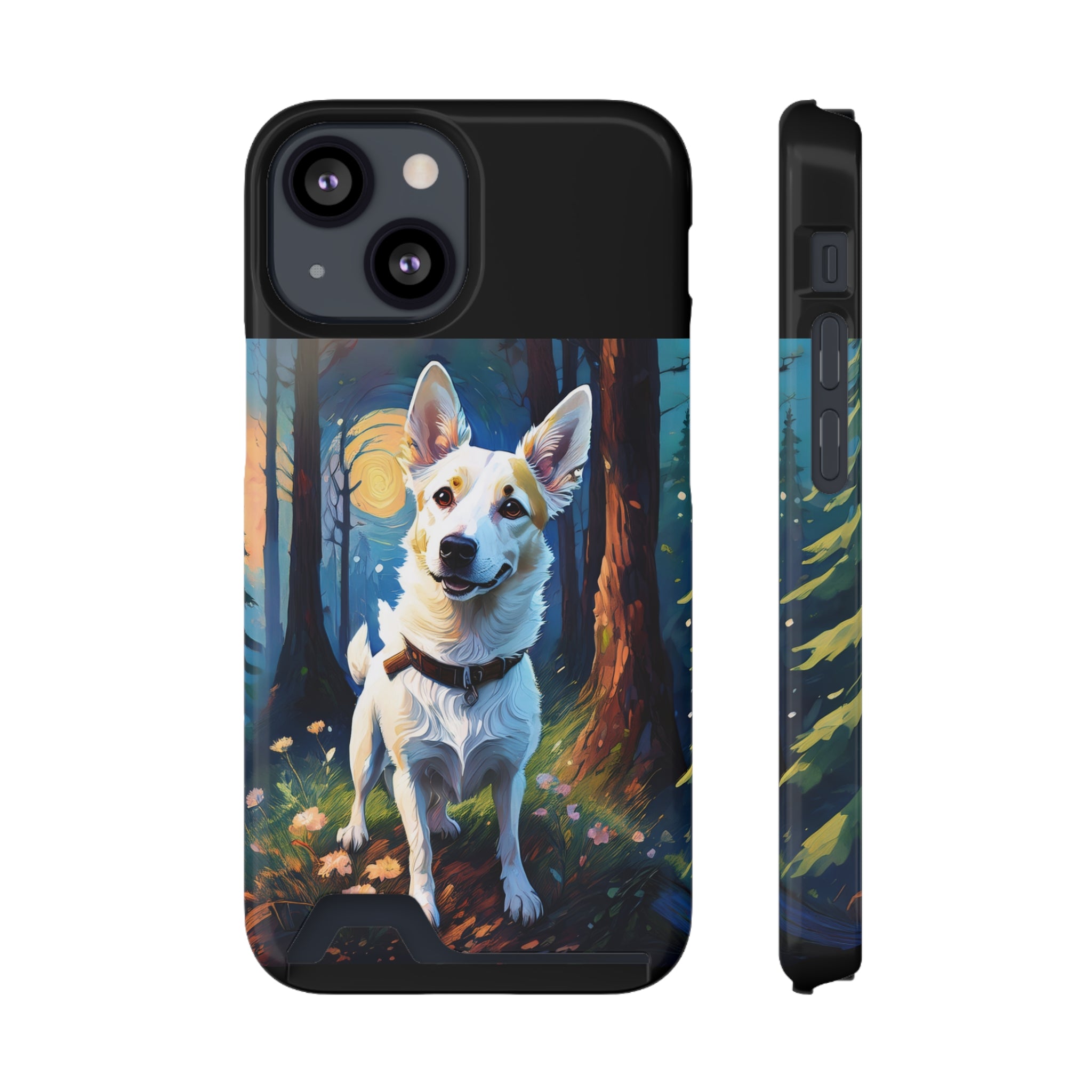 White/Tan Dog Forest Walk Phone Case with Card Holder