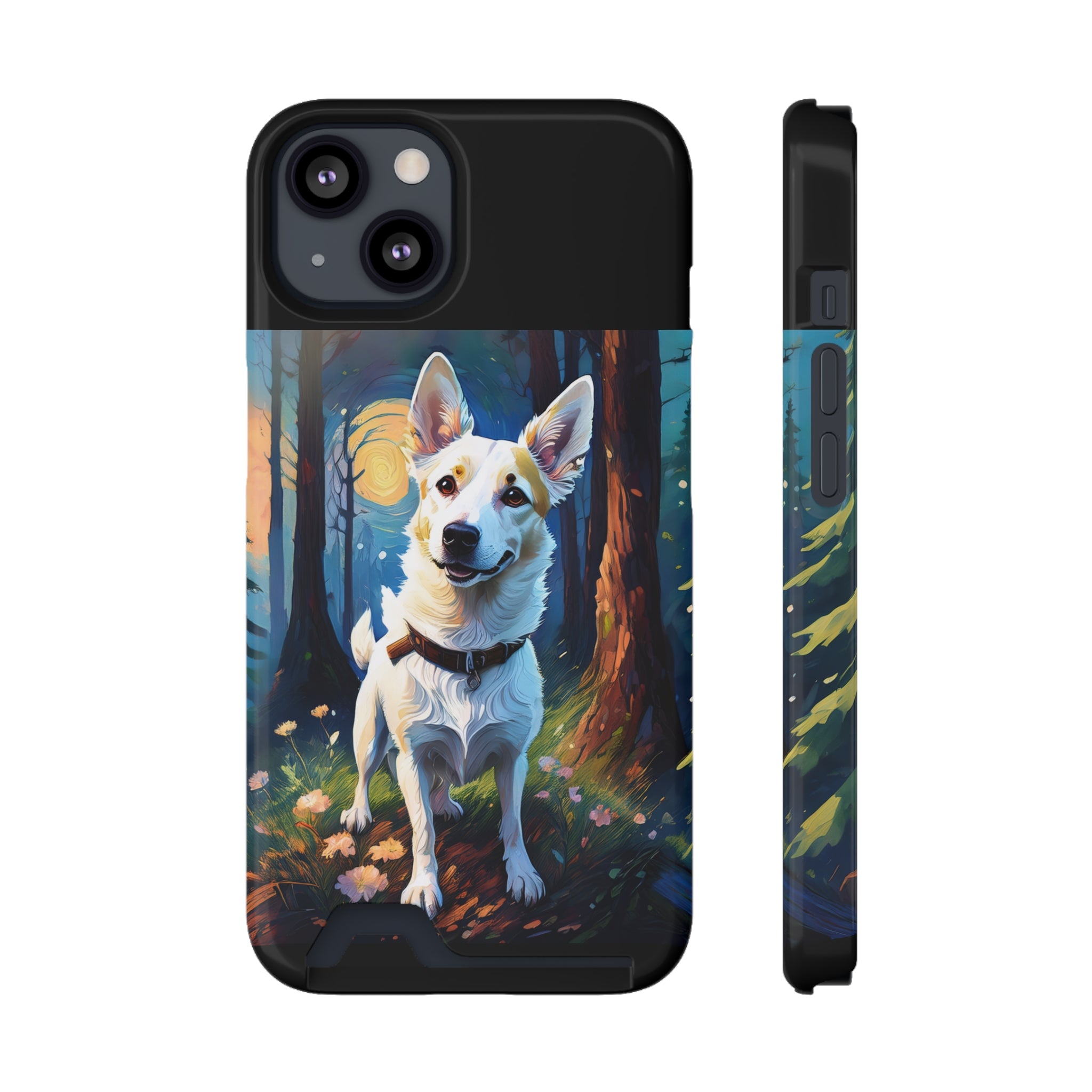 White/Tan Dog Forest Walk Phone Case with Card Holder