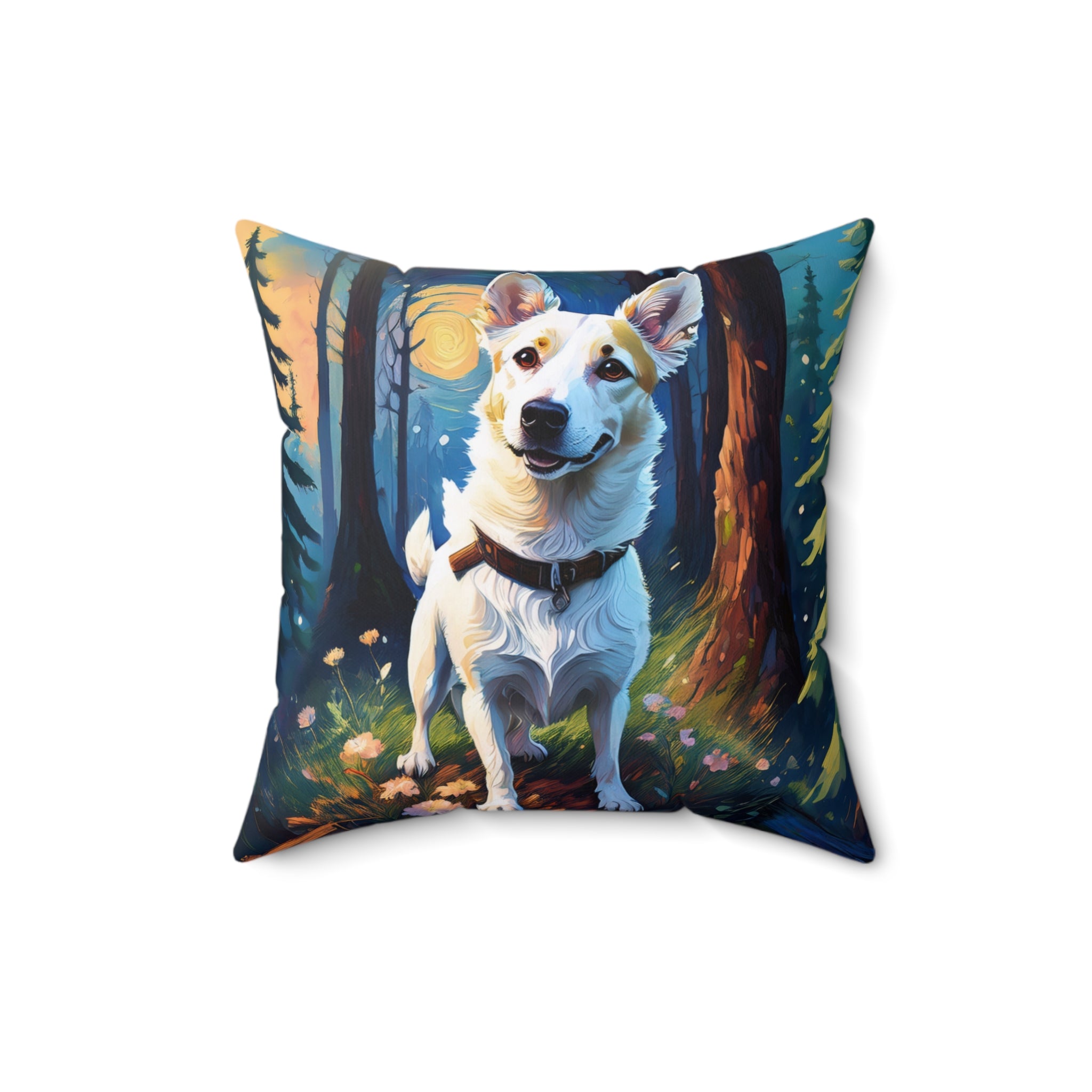 White/Tan Dog Forest Walk Polyester Square Pillow