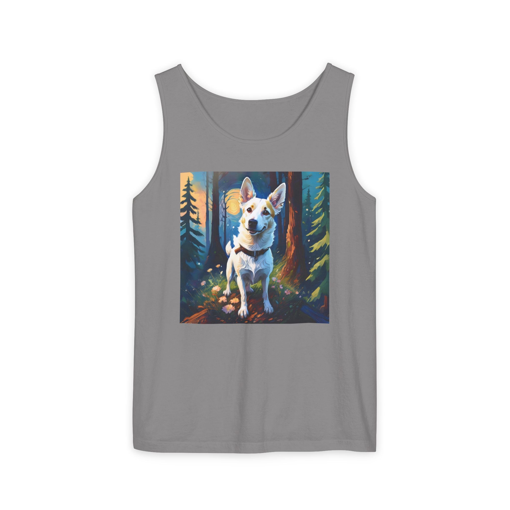 White/Tan Dog Forest Walk Unisex Tank Top