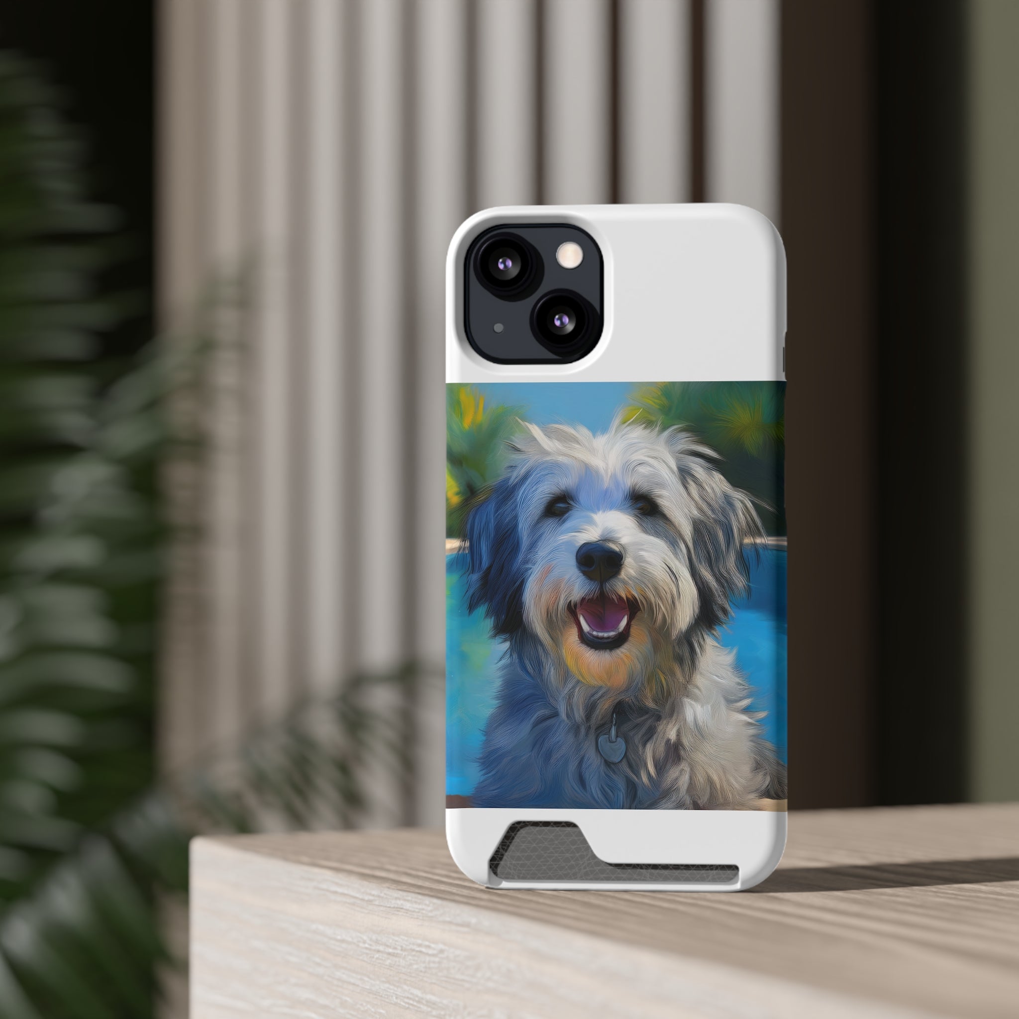 Grey Shaggy Dog Poolside Phone Case with Card Holder