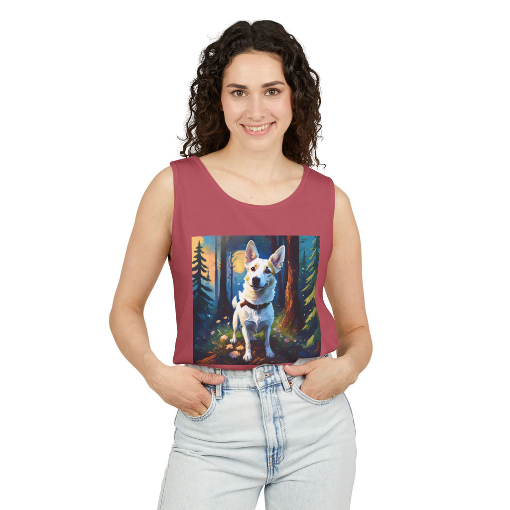 White/Tan Dog Forest Walk Unisex Tank Top