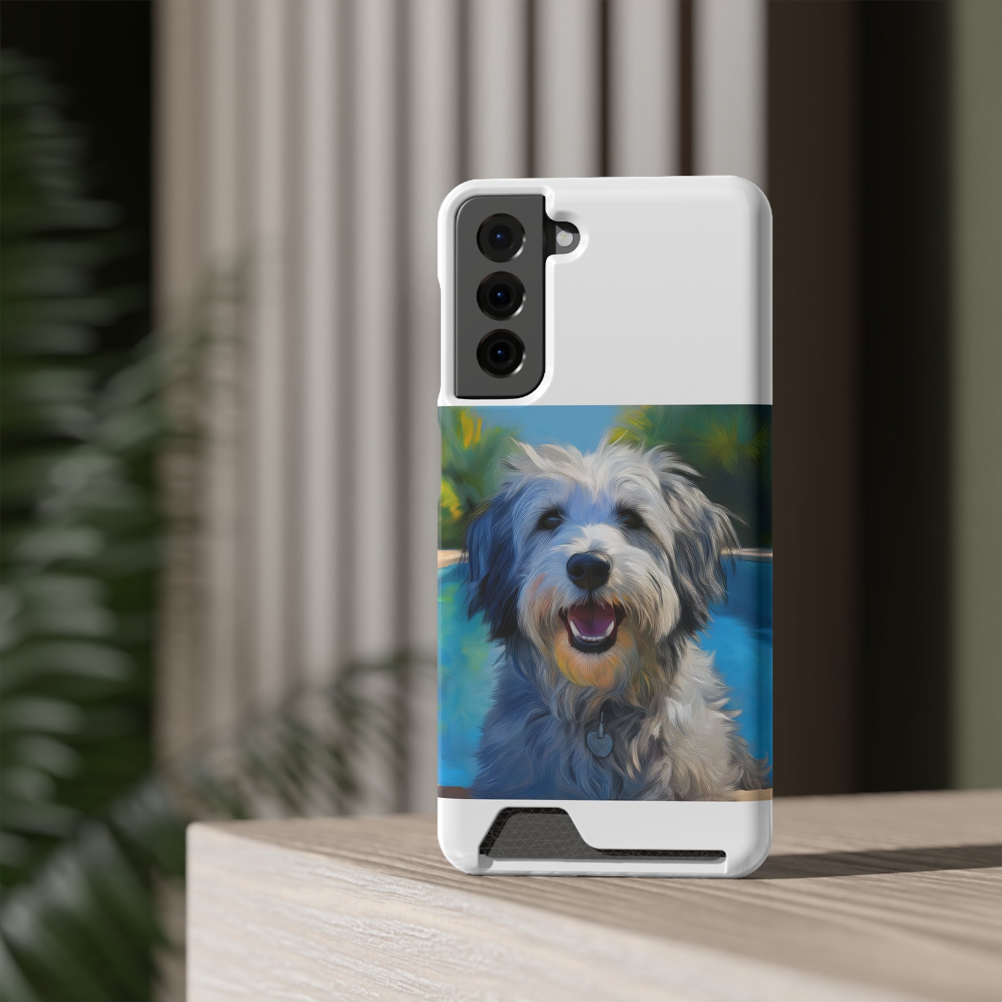 Grey Shaggy Dog Poolside Phone Case with Card Holder
