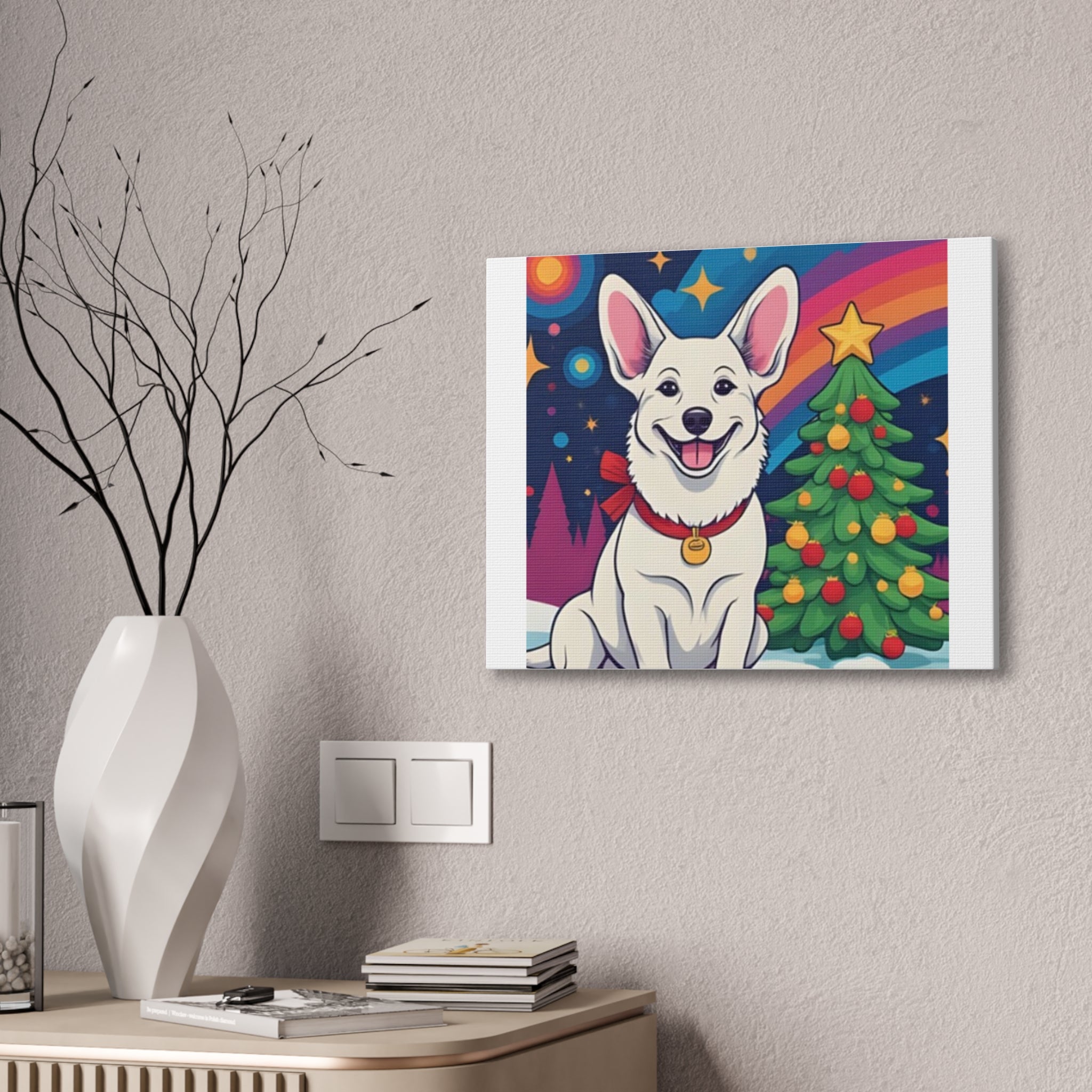 White Corgi Holiday Canvas Stretched, 0.75"