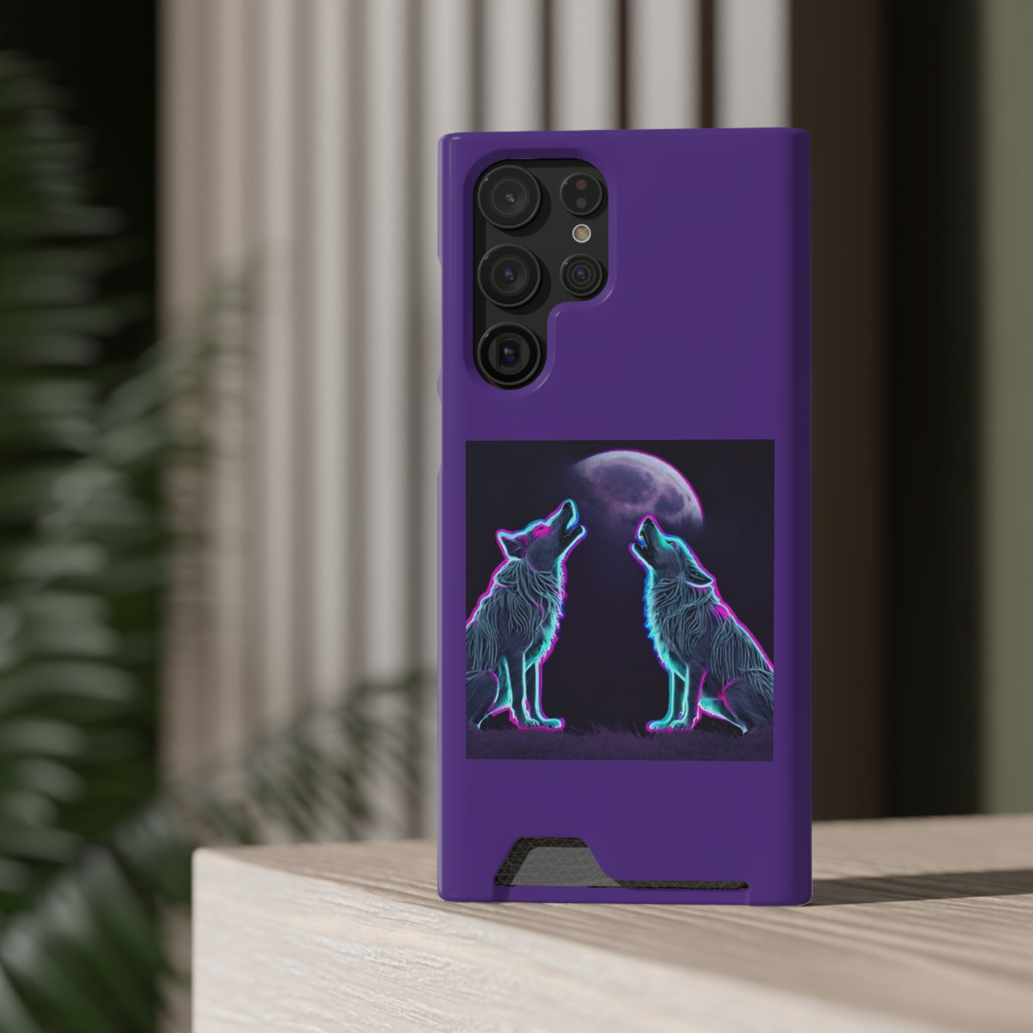 Neon Wolves Howling Phone Case with Card Holder