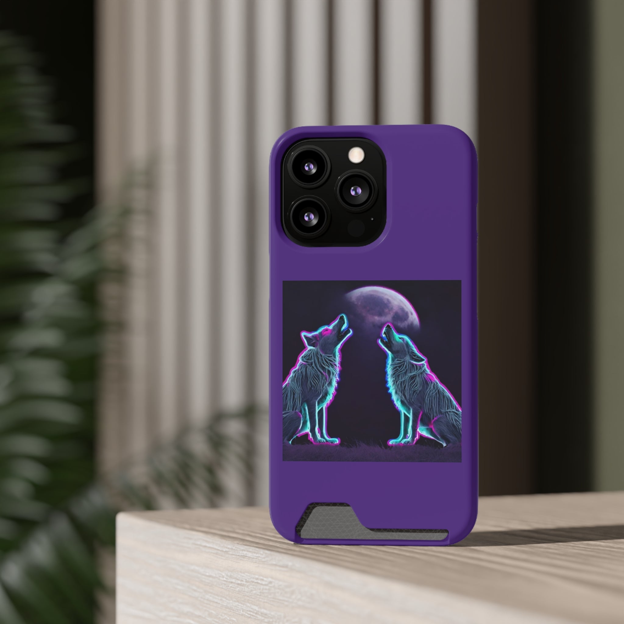 Neon Wolves Howling Phone Case with Card Holder