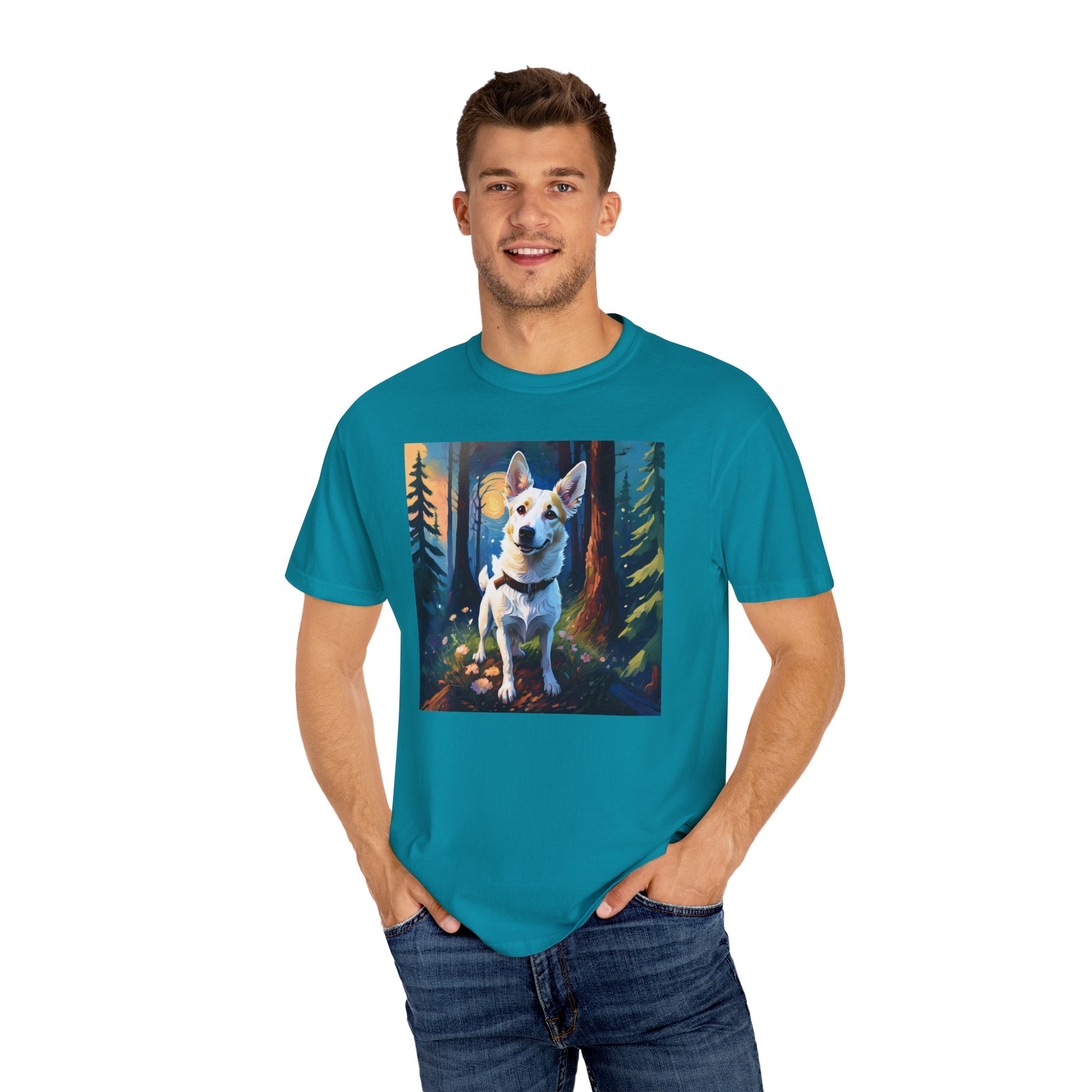 White/Tan Dog Forest Walk Unisex Garment-Dyed T-shirt