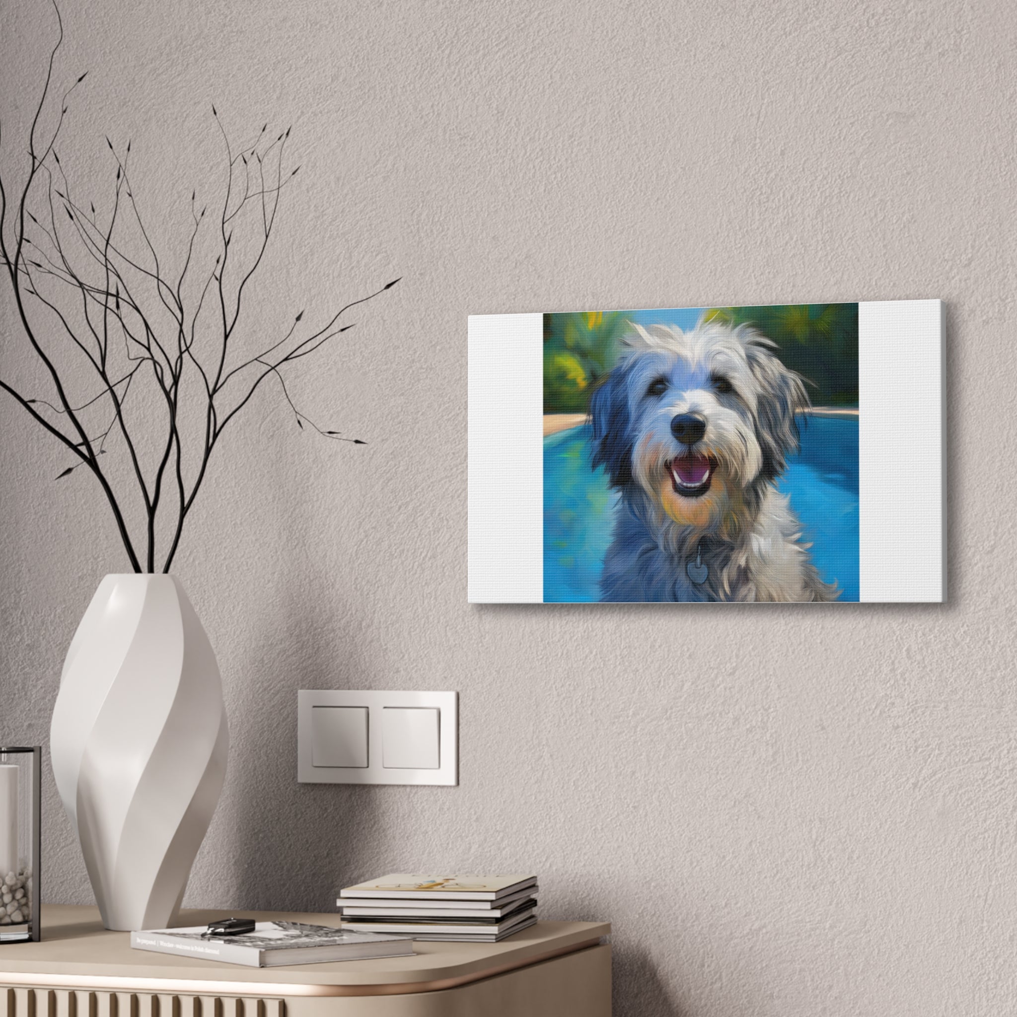 Grey Shaggy Dog Poolside Canvas Stretched, 0.75"