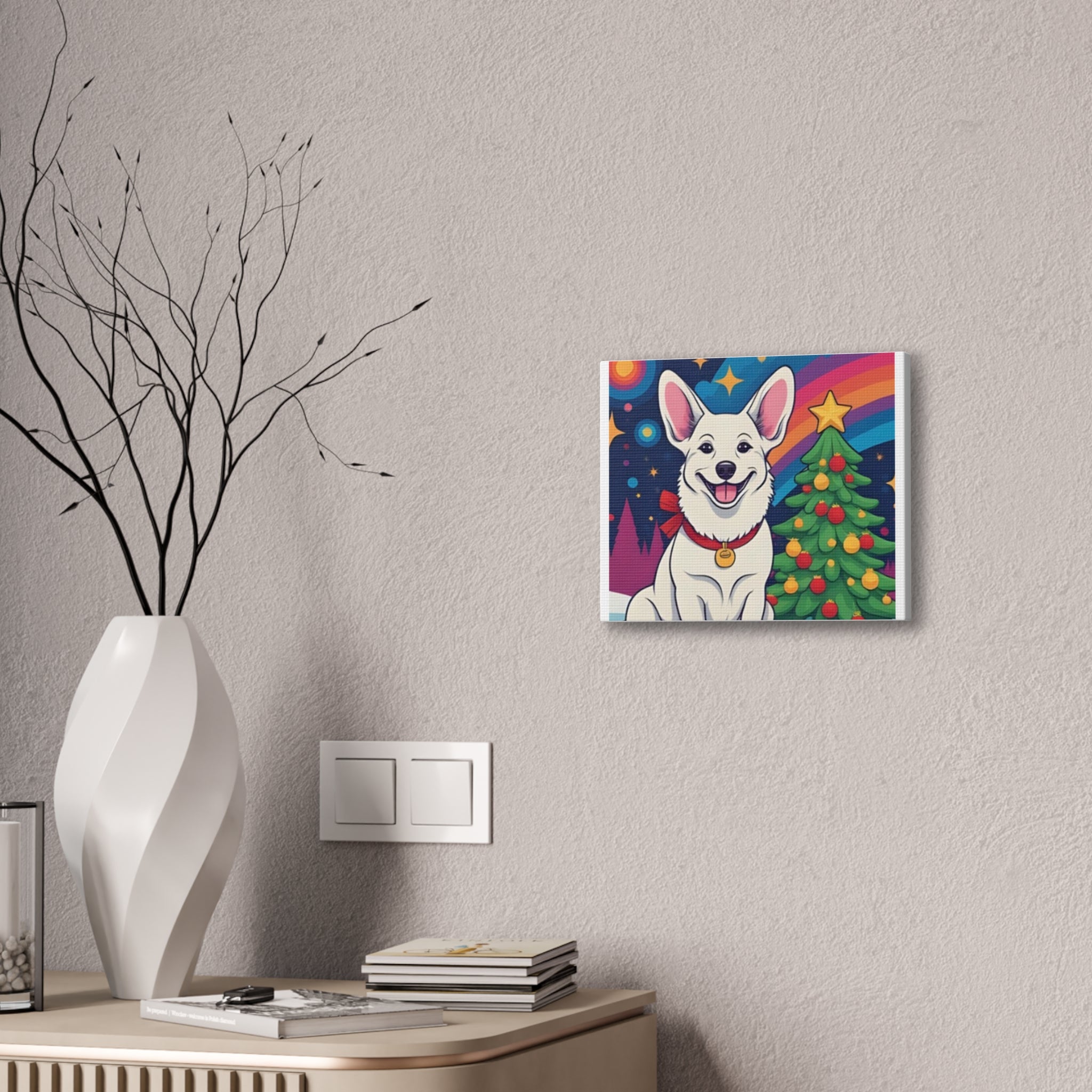 White Corgi Holiday Canvas Stretched, 0.75"
