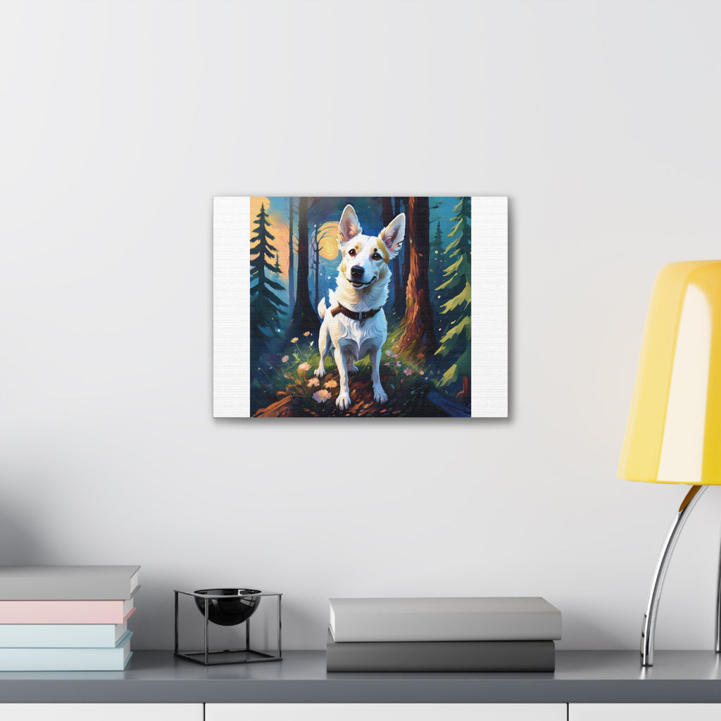 White/Tan Dog Forest Walk Cavas Painting