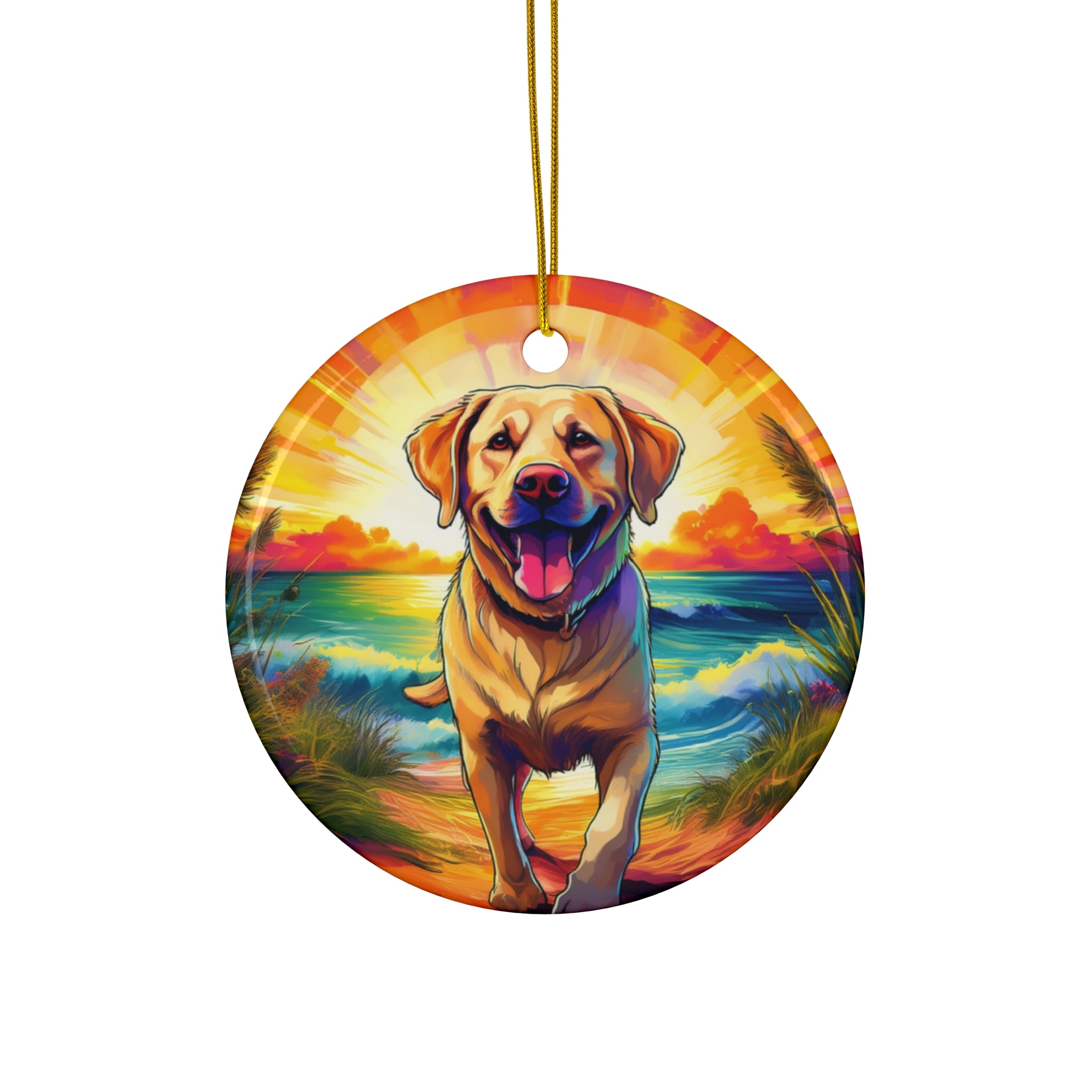 Yellow Lab Sunset Beach Ceramic Ornament