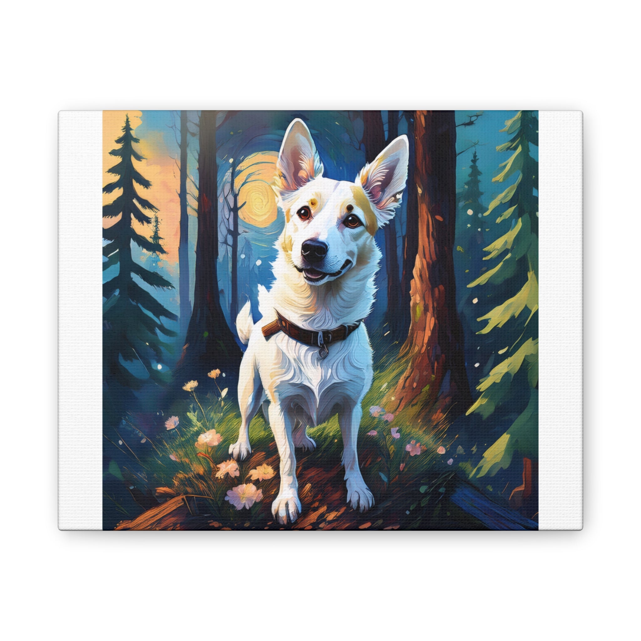 White/Tan Dog Forest Walk Cavas Painting