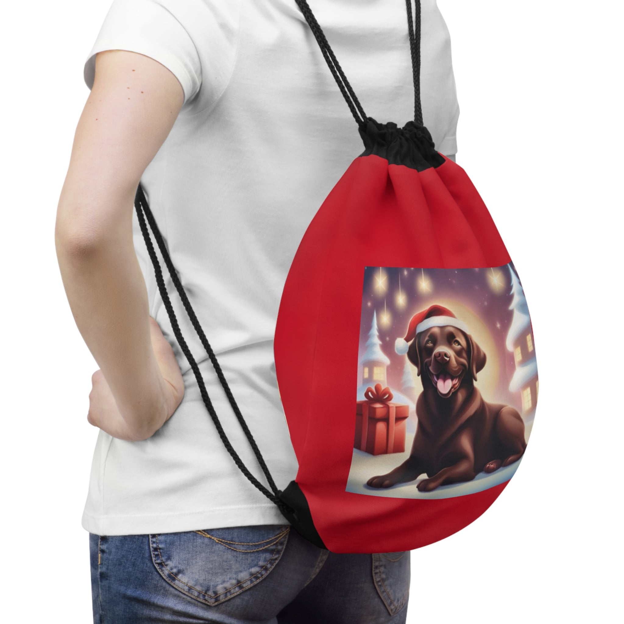 Chocolate Lab Holiday Drawstring Bag